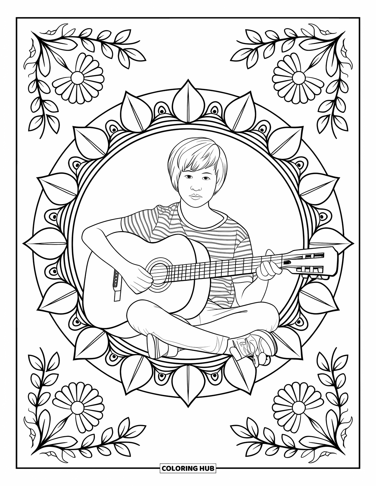 Teen Boy Coloring Page for Adults: A boy plays guitar surrounded by floral mandala patterns