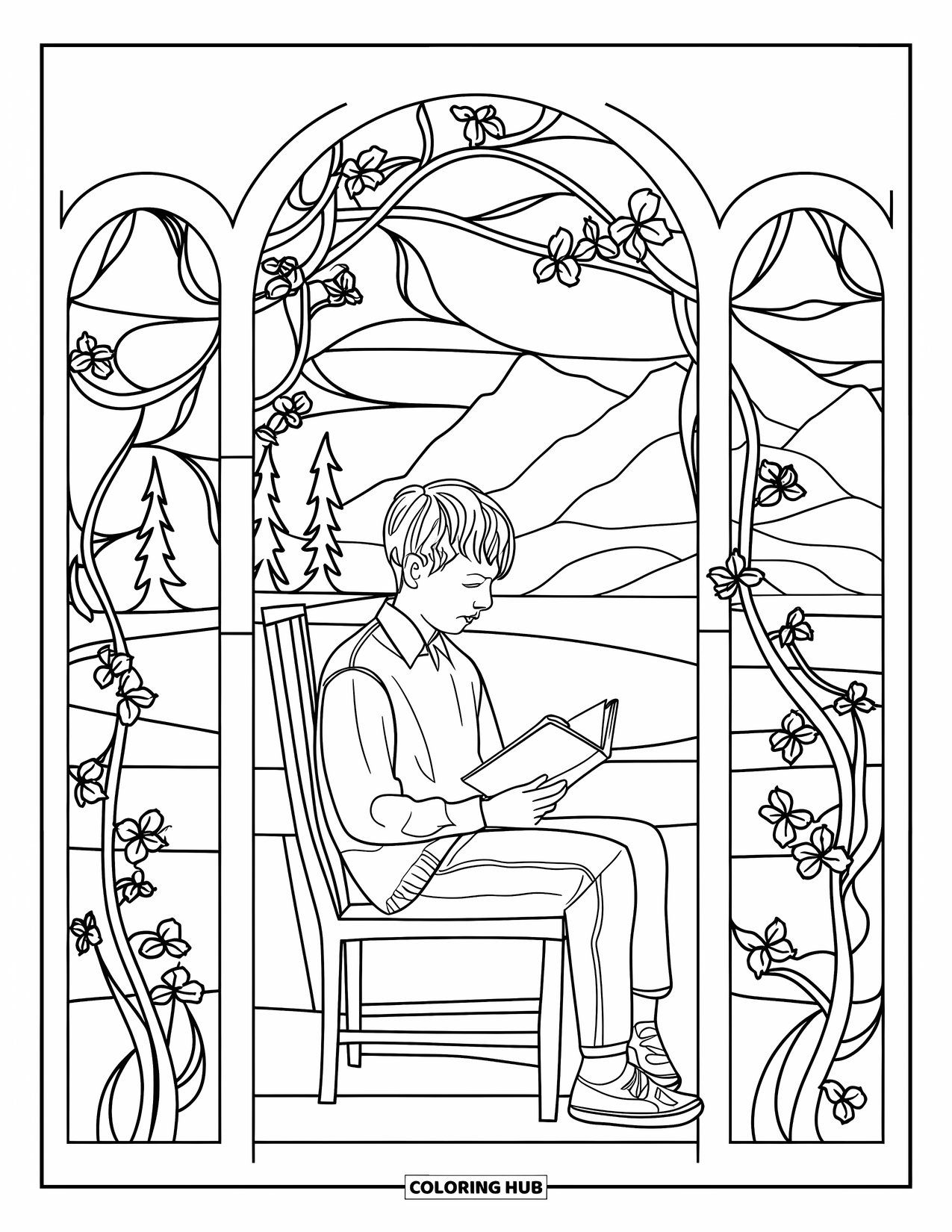 Teen Boy Coloring Page for Adults: A boy reads a book inside a stained glass frame of vines and blossoms