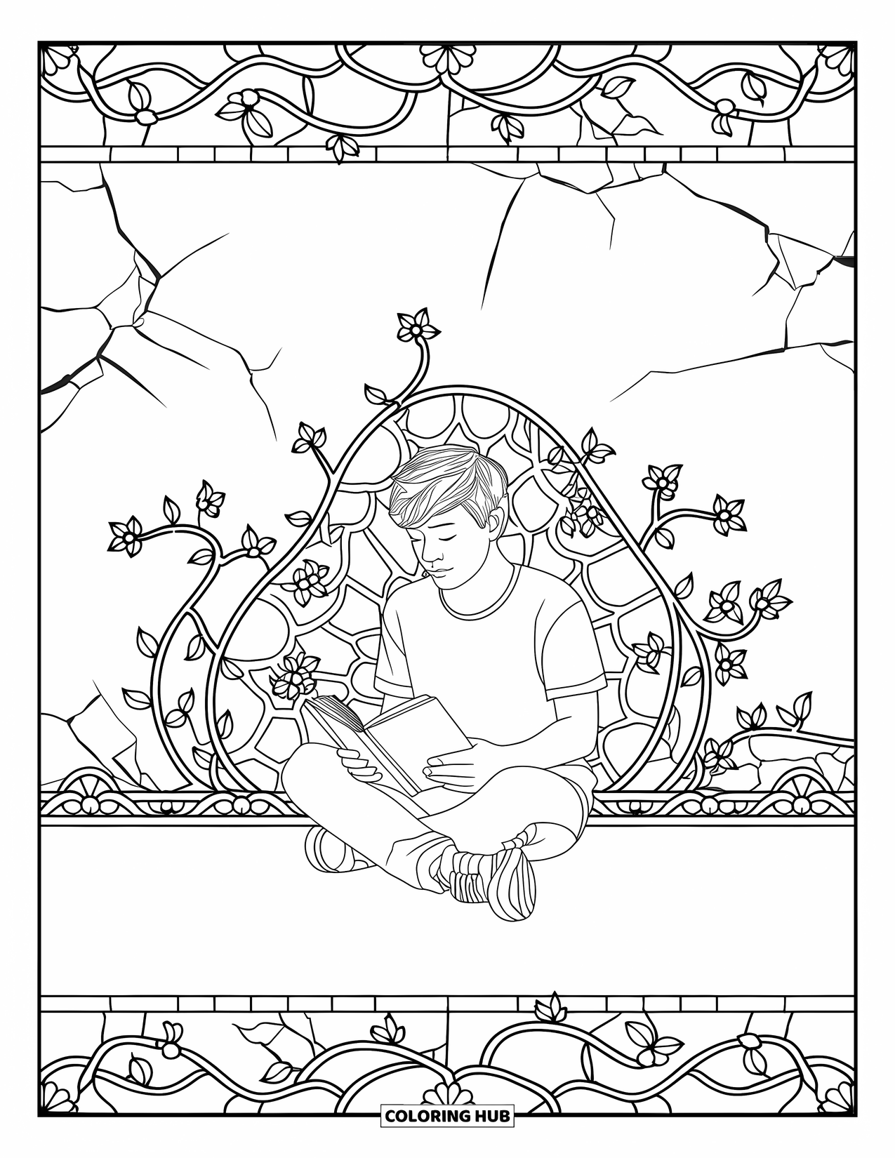 Teen Boy Coloring Page for Adults: A boy reads surrounded by stained glass vines and cracked walls