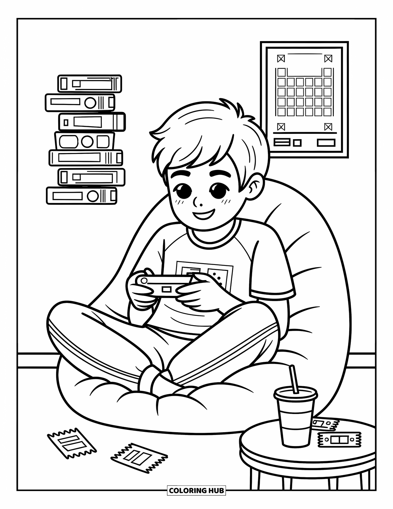 Teen Boy Coloring Page for Adults: A boy relaxes on a bean bag playing his handheld game