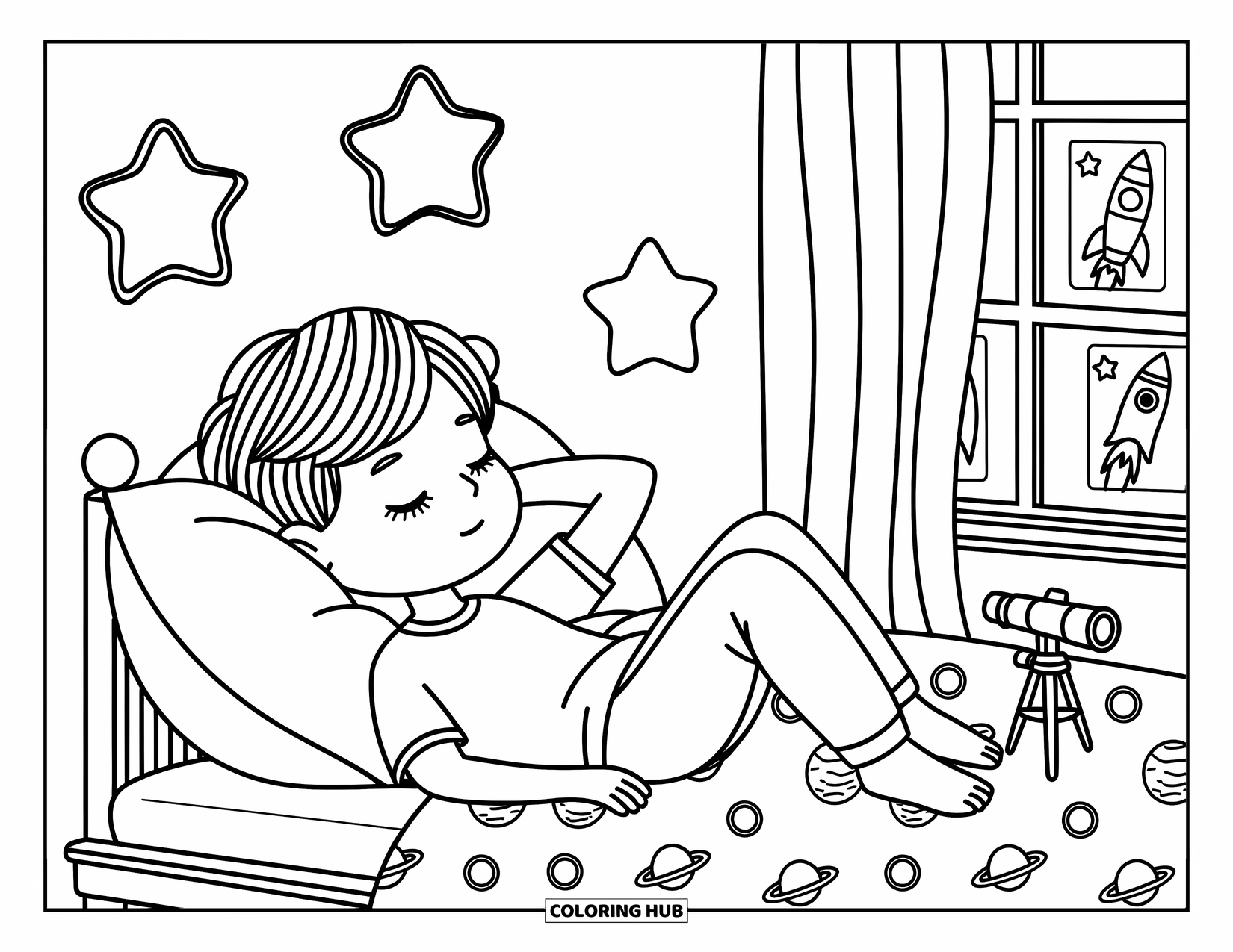 Teen Boy Coloring Page for Adults: A boy rests on his bed, looking at glowing stars on the ceiling