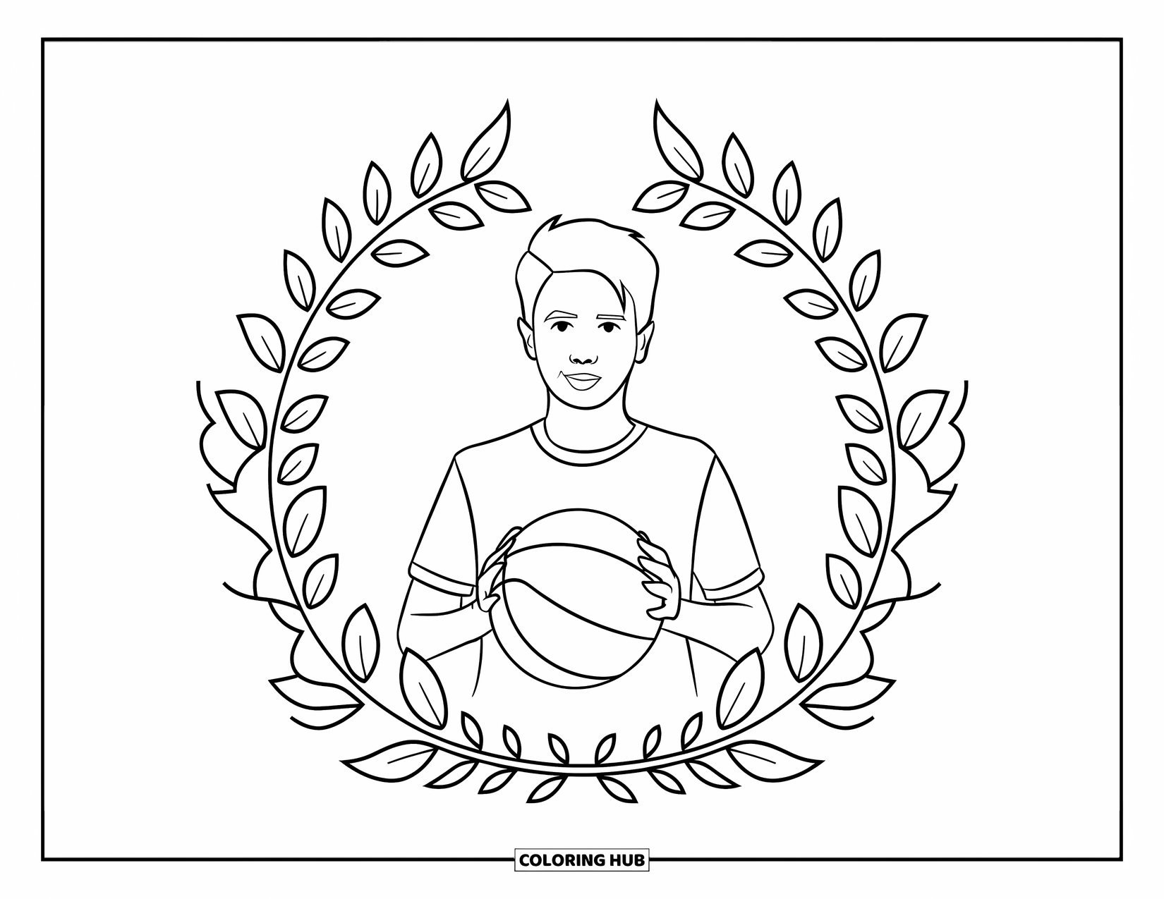Teen Boy Coloring Page for Adults: A boy stands holding a basketball inside a floral wreath