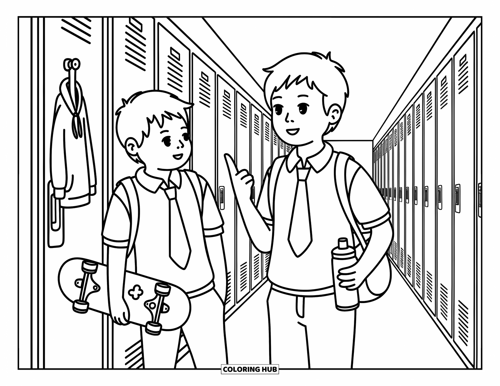 Teen Boy Coloring Page for Adults: A friendly hallway moment with two students chatting near open lockers
