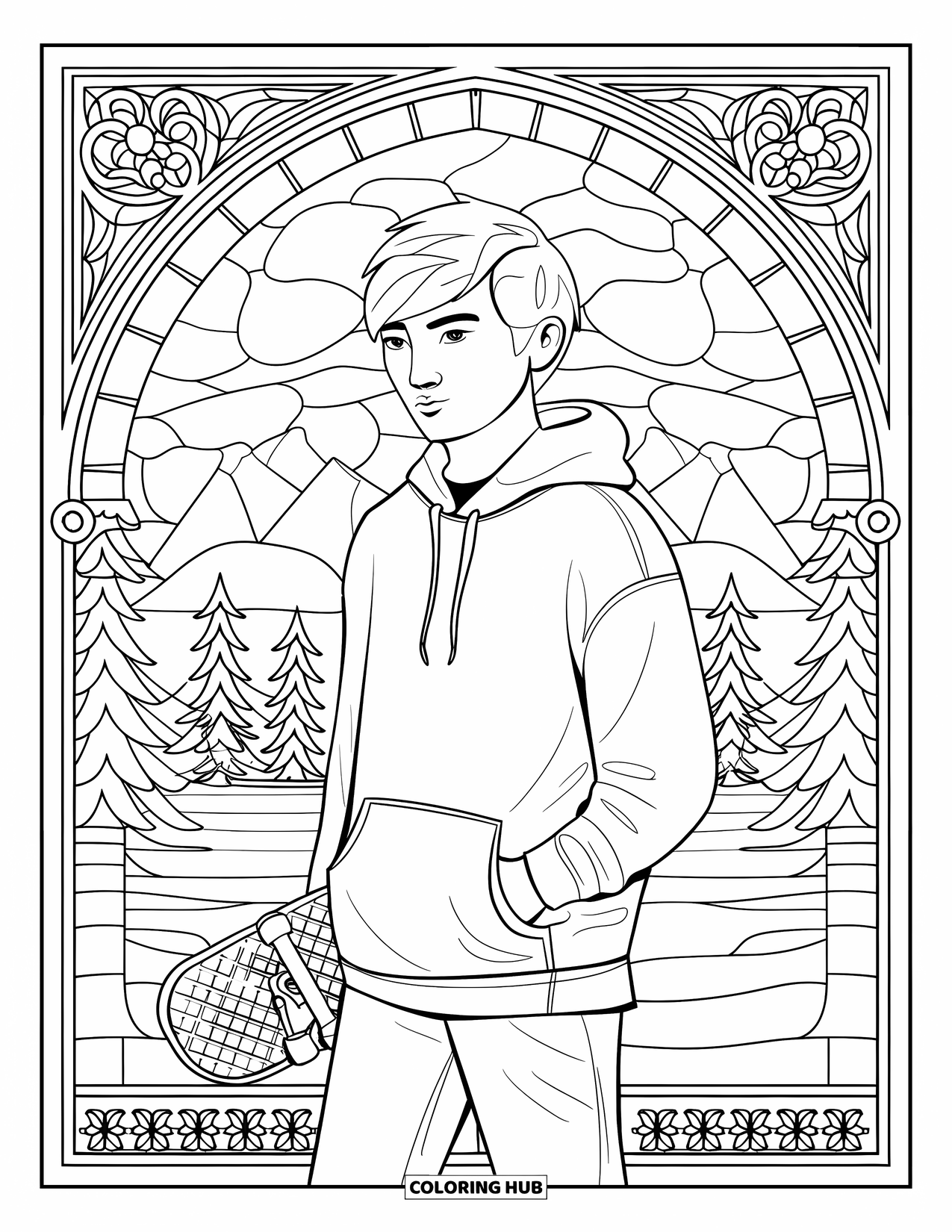 Teen Boy Coloring Page for Adults: A skater stands framed by stained glass patterns and mountain scenery