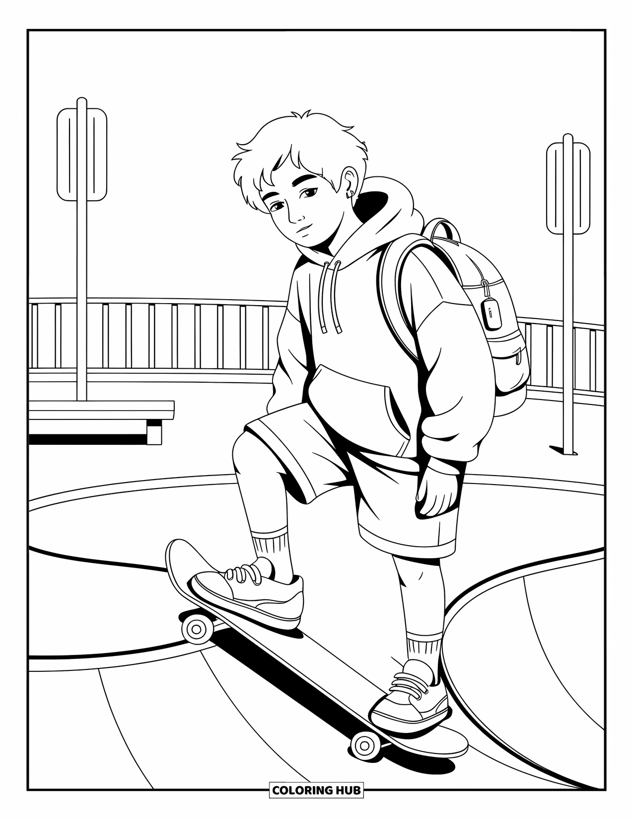Teen Boy Coloring Page for Adults: A skater stands ready at the edge of a smooth skate ramp