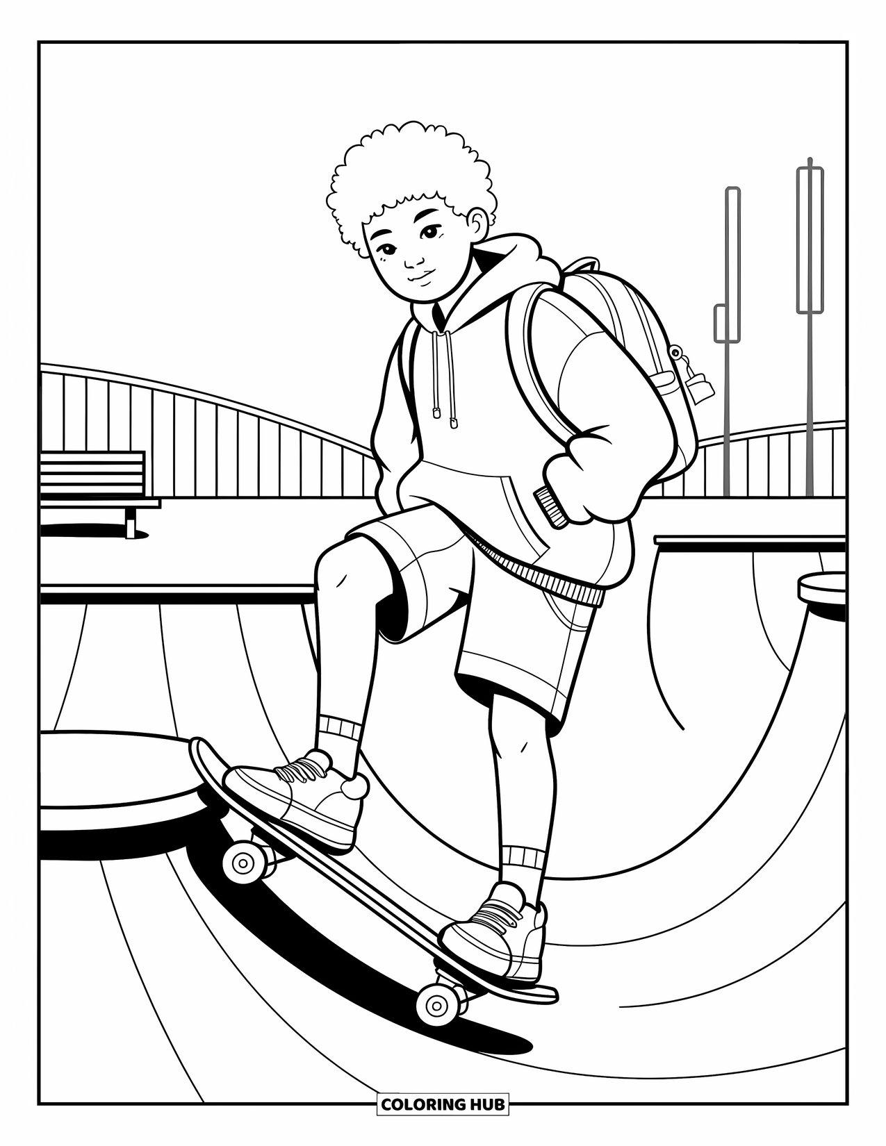 Teen Boy Coloring Page for Adults: A teen balances on his skateboard atop a curved ramp