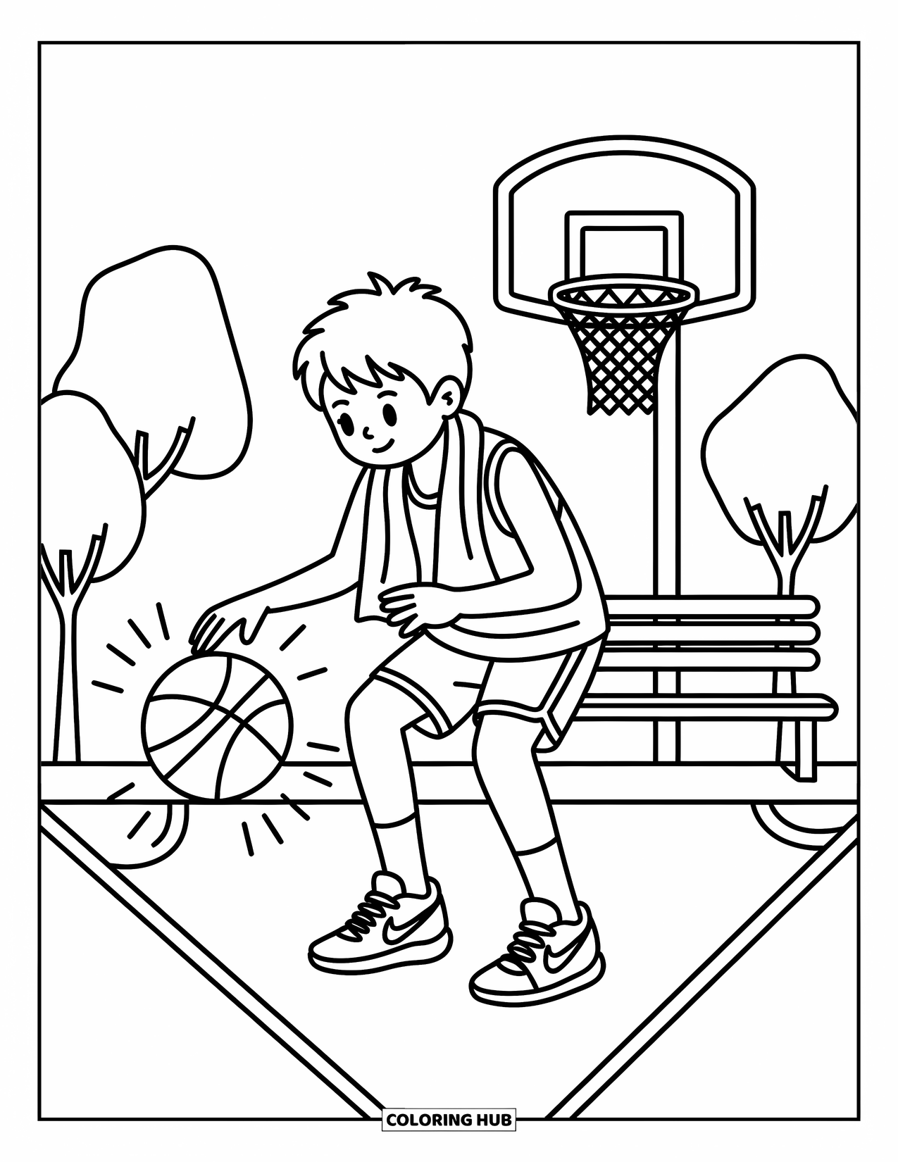 Teen Boy Coloring Page for Adults: A teen bounces a basketball on a sunny outdoor court