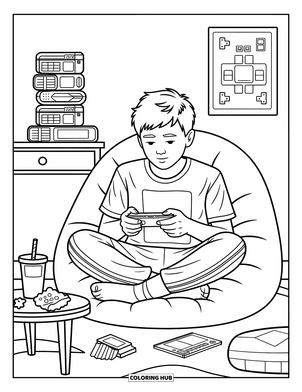 Teen Boy Coloring Page for Adults: A teen focuses on his handheld game in a cozy room