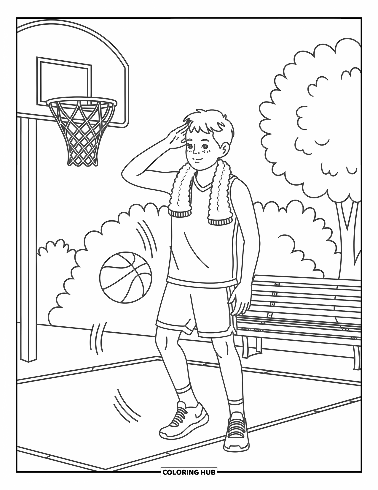 Teen Boy Coloring Page for Adults: A teen shoots hoops alone on a quiet, sunlit court