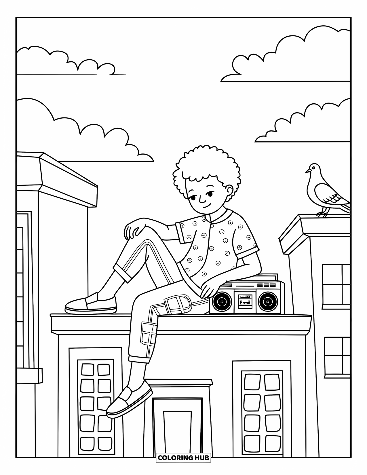 Teen Boy Coloring Page for Adults: A teen sits on a rooftop ledge beside a tiny radio and a bird