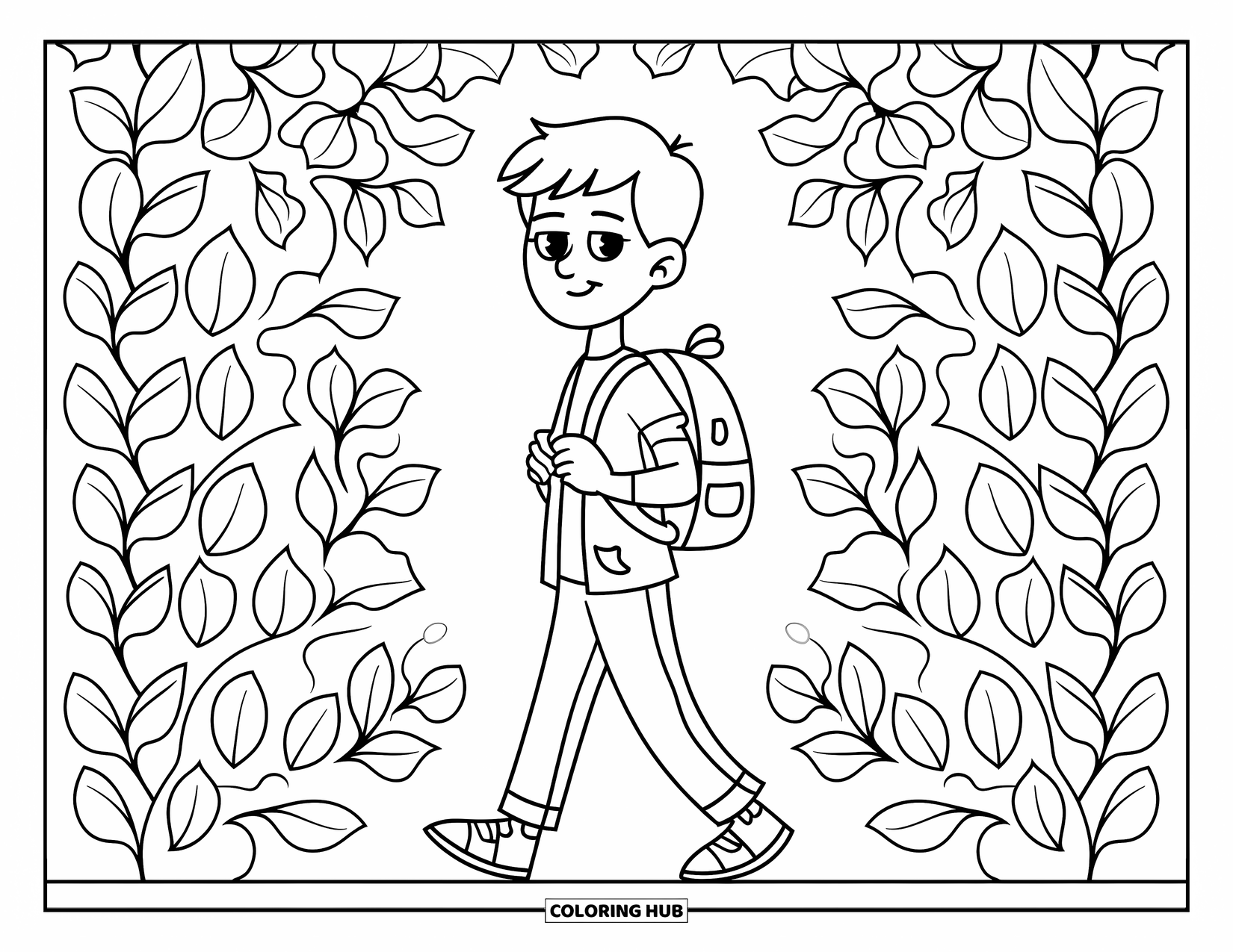 Teen Boy Coloring Page for Adults: A teen strolls through symmetrical ivy designs in a calm outline scene