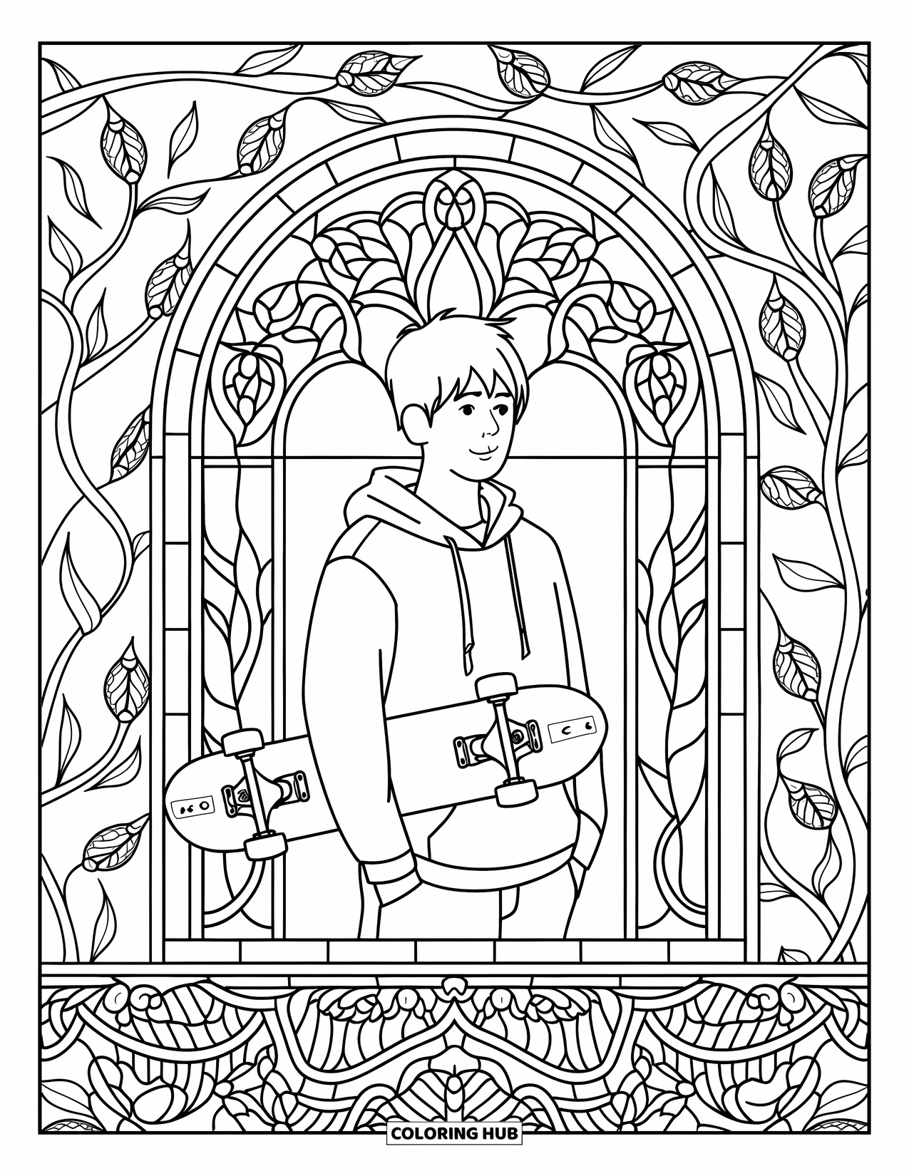 Teen Boy Coloring Page for Adults: A teen with a skateboard beneath a floral stained glass arch design