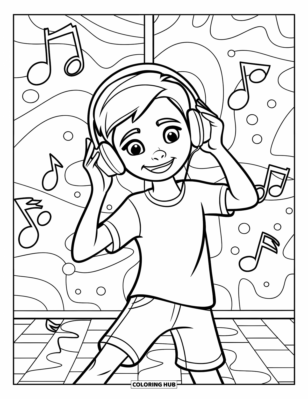 Teen Boy Coloring Page for Kids: A boy dances to music with headphones amid a cheerful pattern