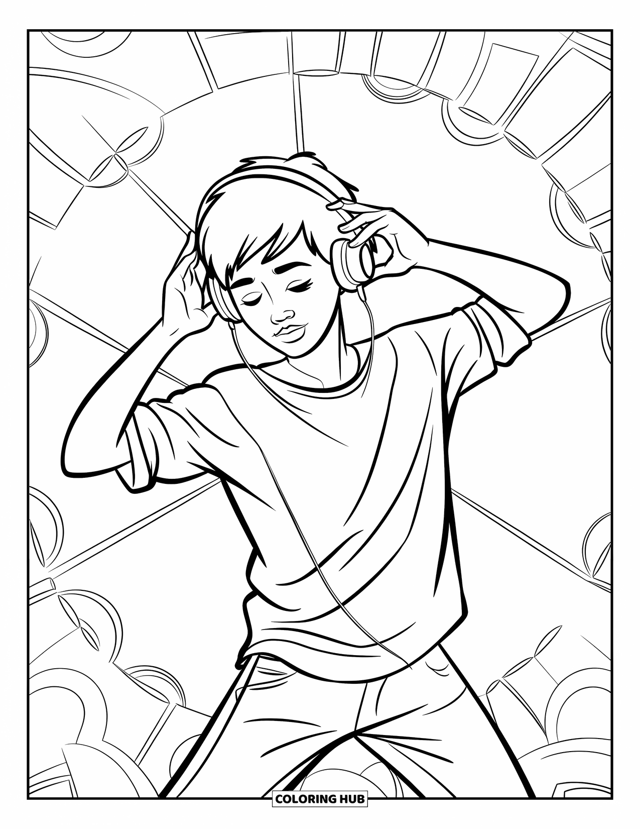 Teen Boy Coloring Page for Kids: A boy dances with headphones on, lost in his favorite music
