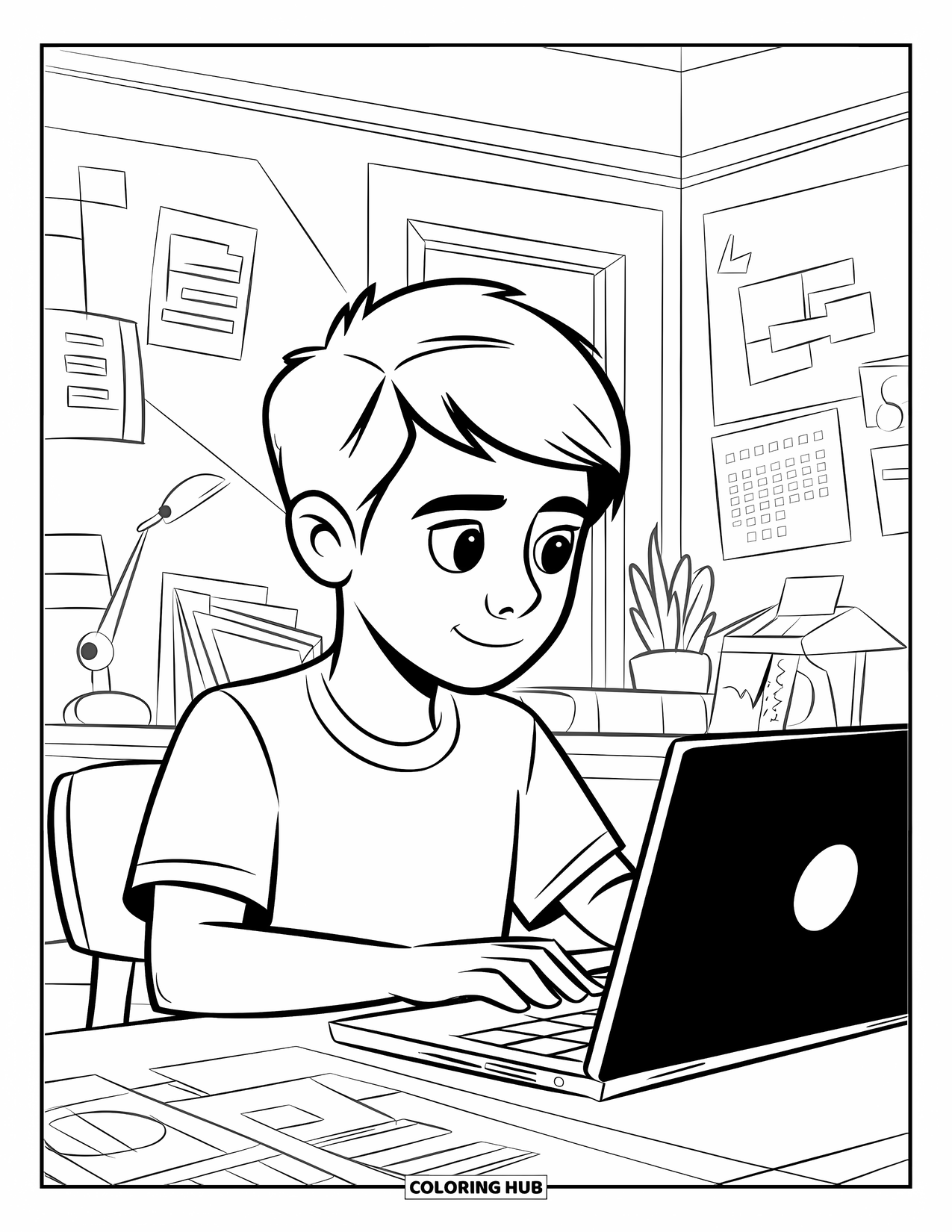 Teen Boy Coloring Page for Kids: A boy focuses on his laptop, coding in a bright, modern room