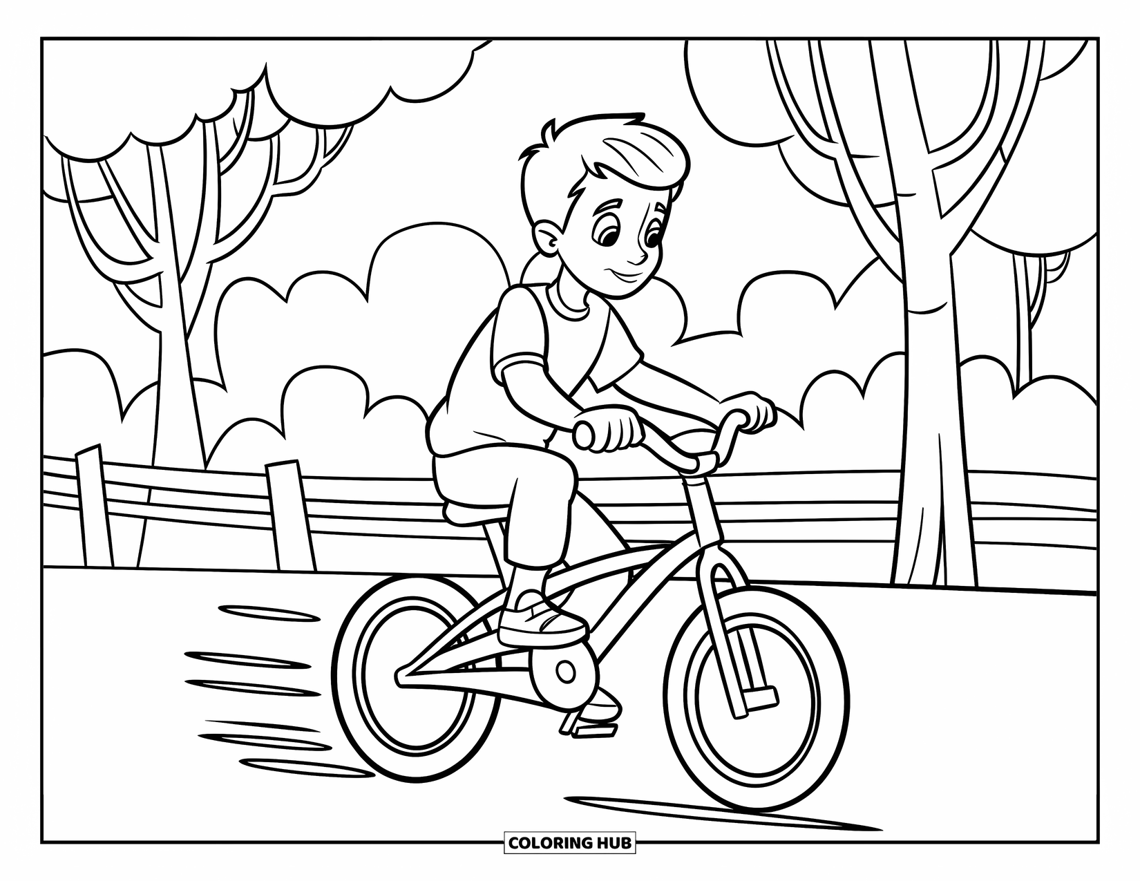 Teen Boy Coloring Page for Kids: A boy pedals fast along a fence-lined path with trees