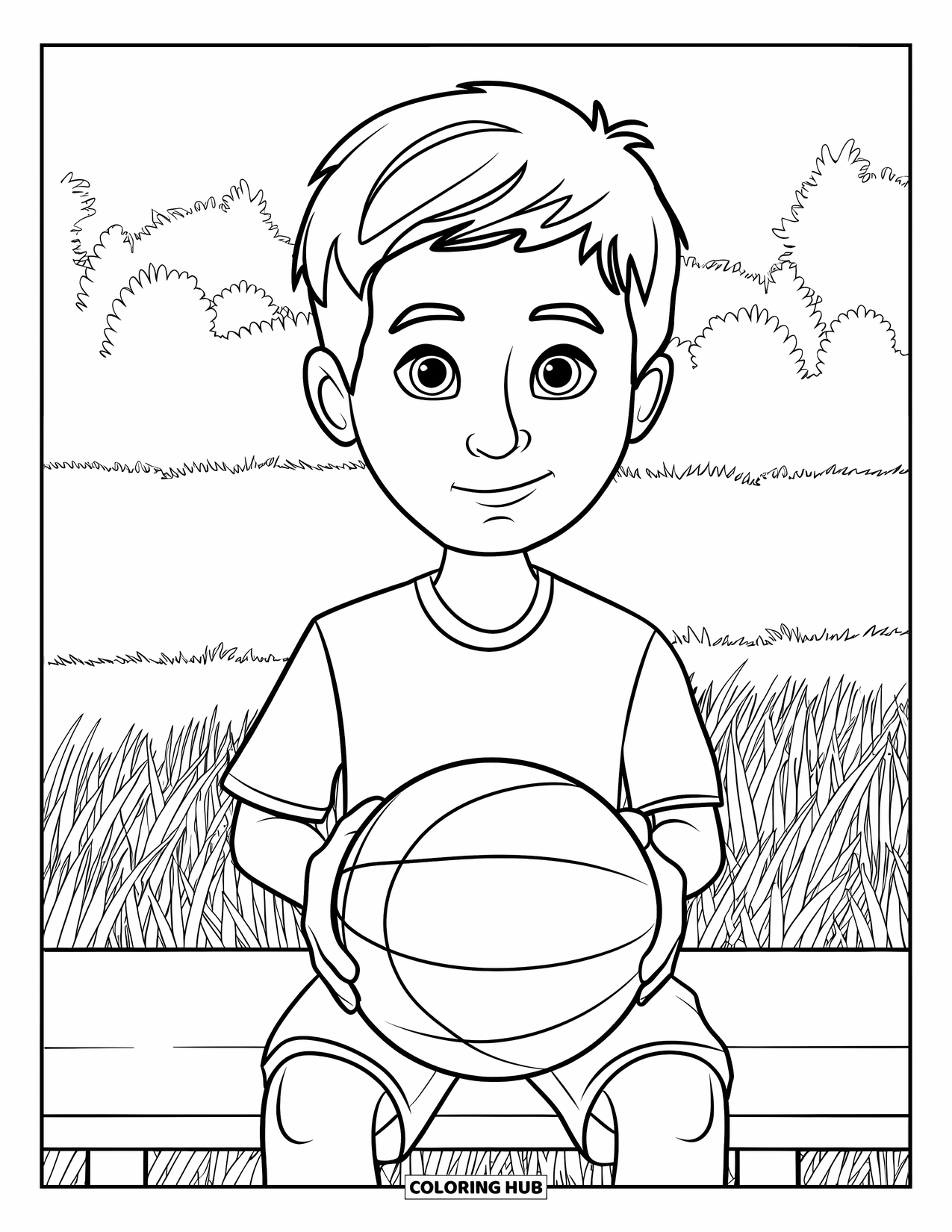Teen Boy Coloring Page for Kids: A boy relaxes on a bench holding a basketball in a sunny park