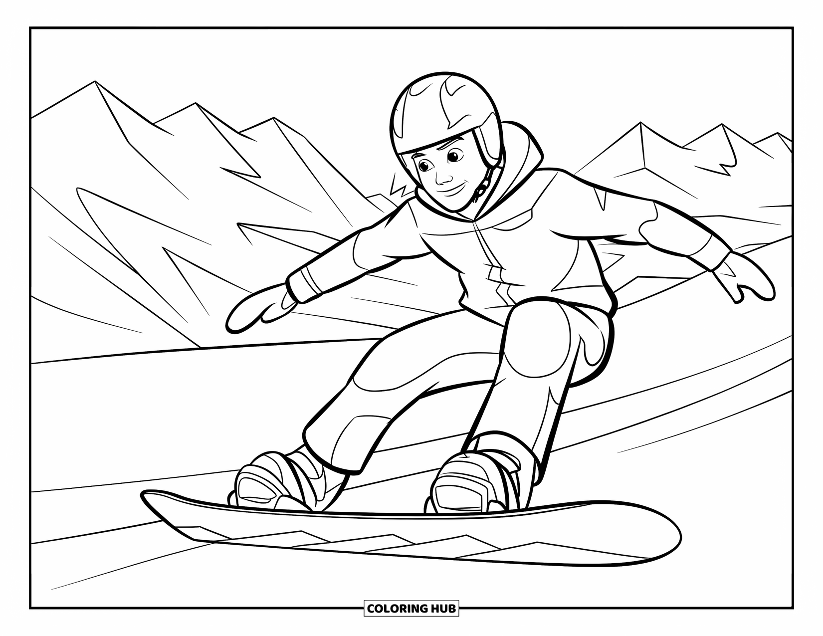 Teen Boy Coloring Page for Kids: A boy snowboards downhill surrounded by snowy peaks