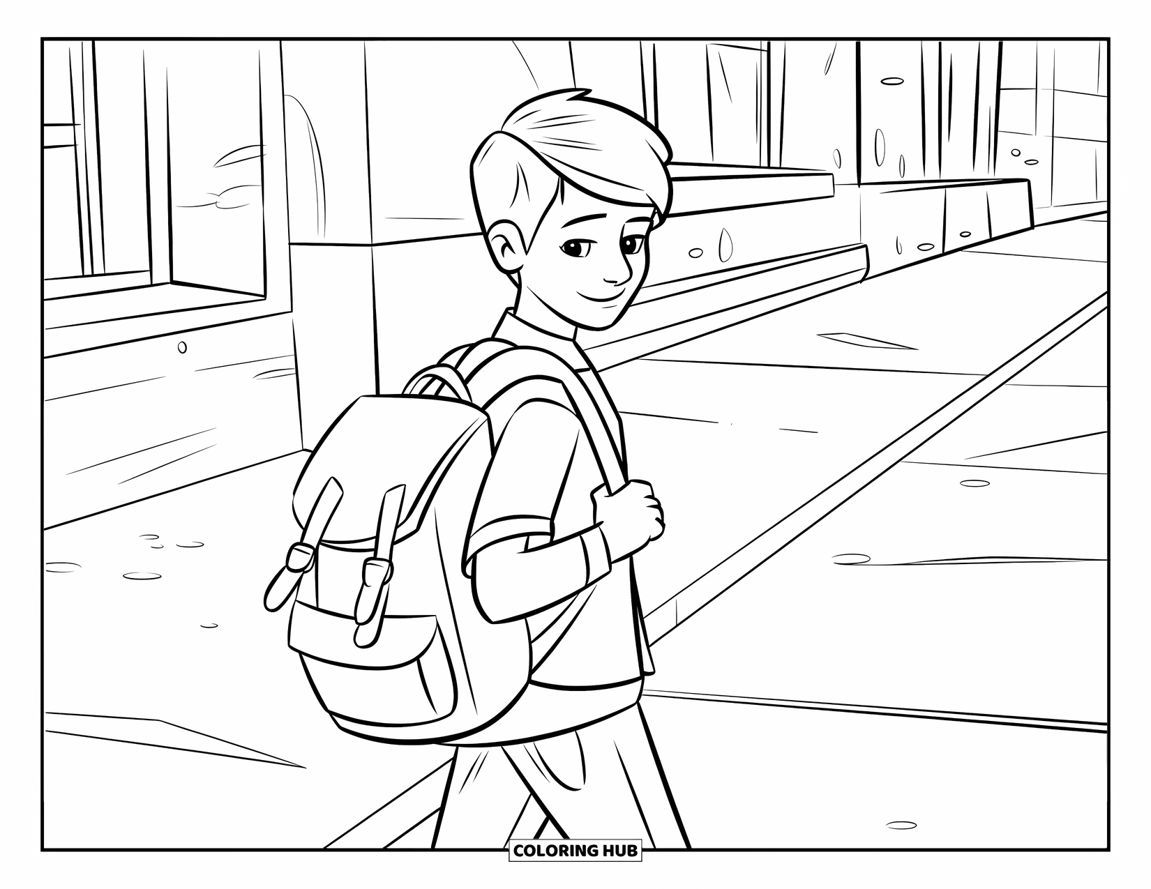 Teen Boy Coloring Page for Kids: A boy with a backpack walks along a sunny city sidewalk