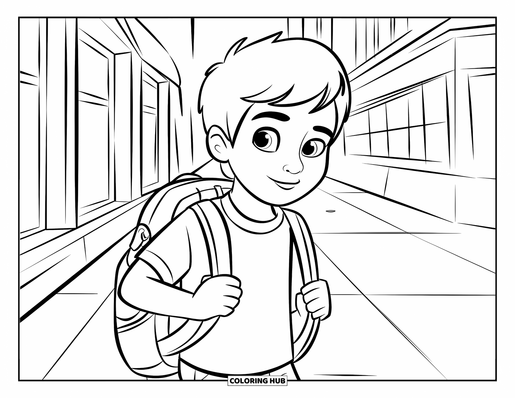 Teen Boy Coloring Page for Kids: A boy with a backpack walks near a street and large windows