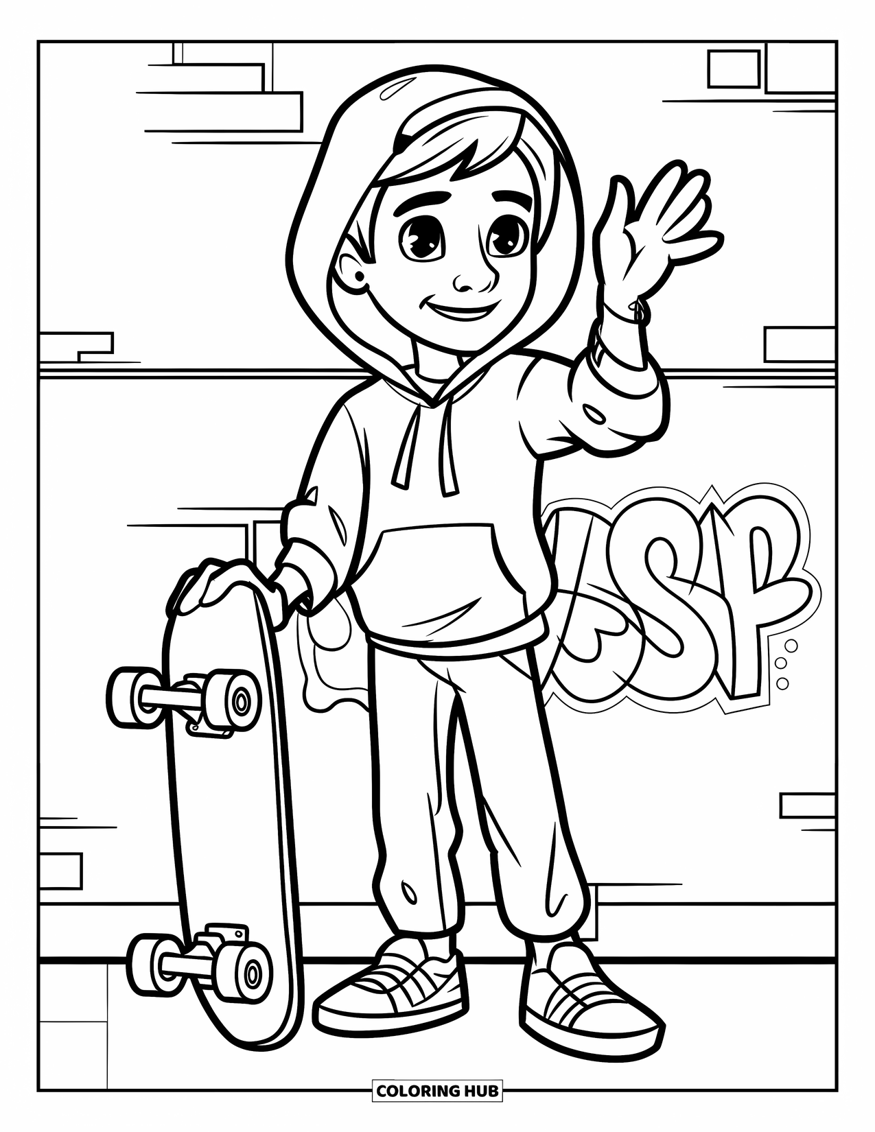Teen Boy Coloring Page for Kids: A cheerful boy in a hoodie waves beside his skateboard