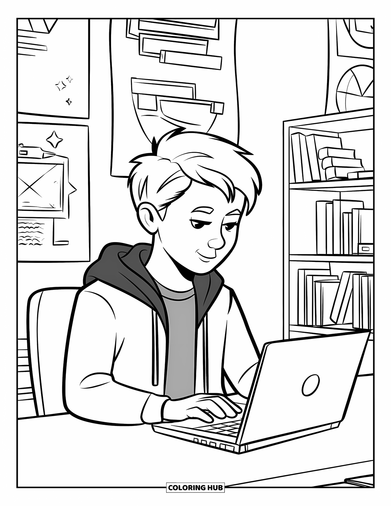 Teen Boy Coloring Page for Kids: A coder boy sits at his desk surrounded by posters and bookshelves