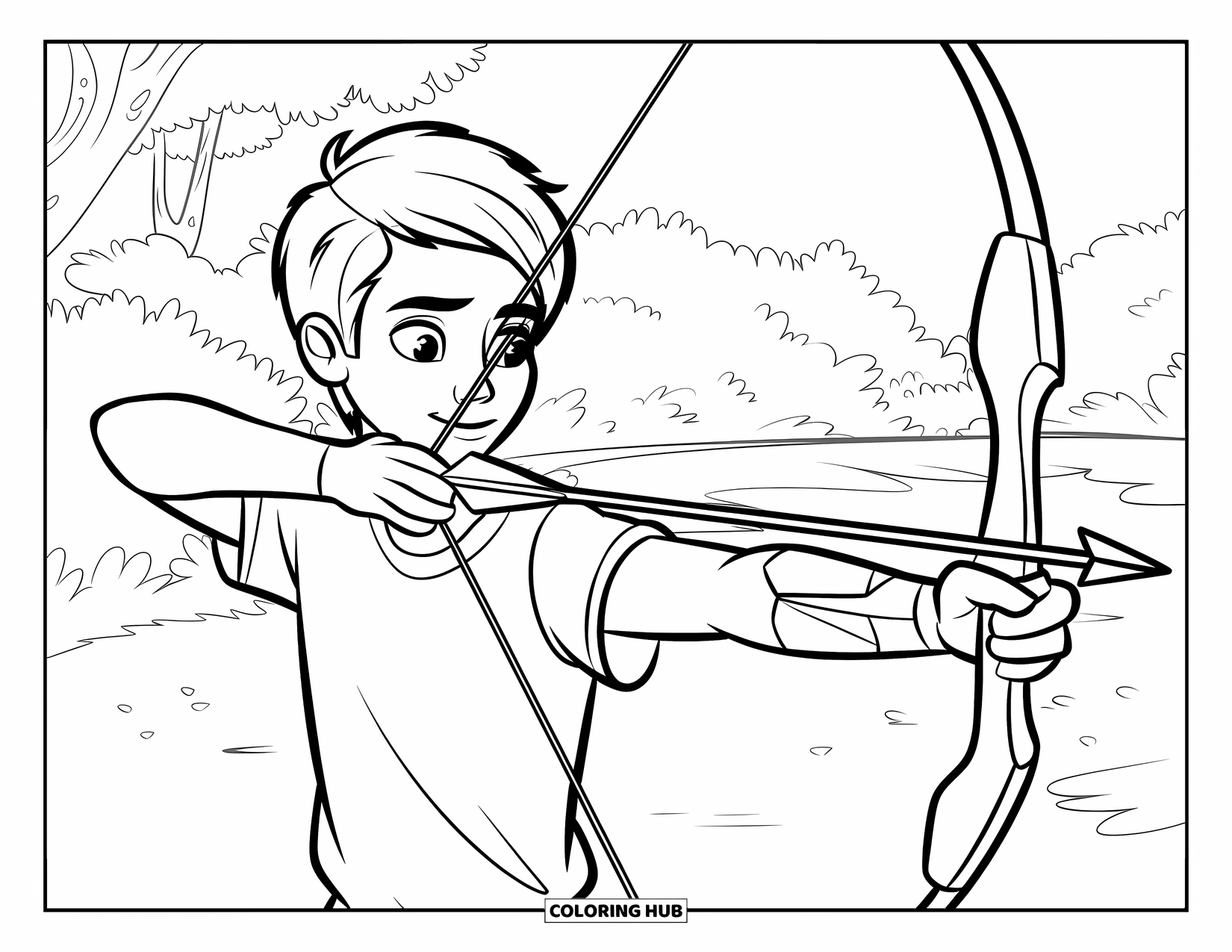 Teen Boy Coloring Page for Kids: A focused teen pulls back his bowstring toward a forest target