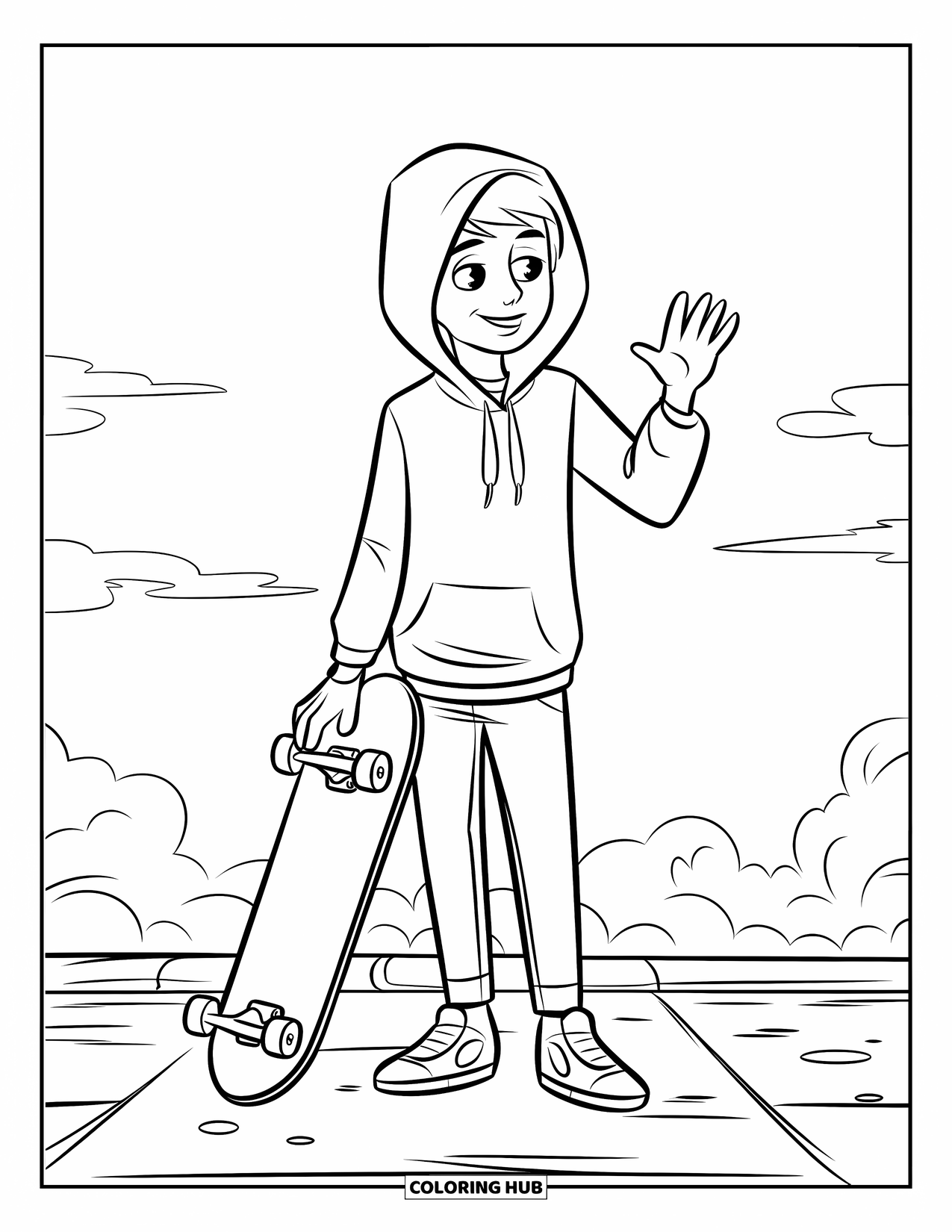 Teen Boy Coloring Page for Kids: A friendly teen waves beside his skateboard under a clear sky