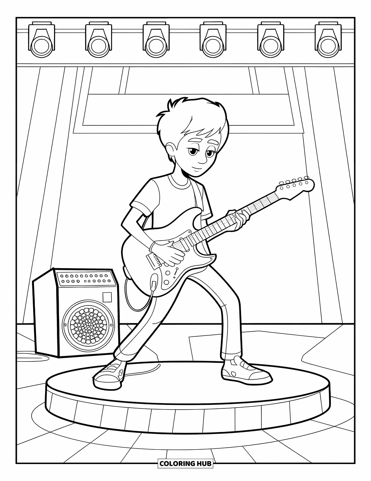 Teen Boy Coloring Page for Kids: A guitarist plays on a small concert stage under bright lights