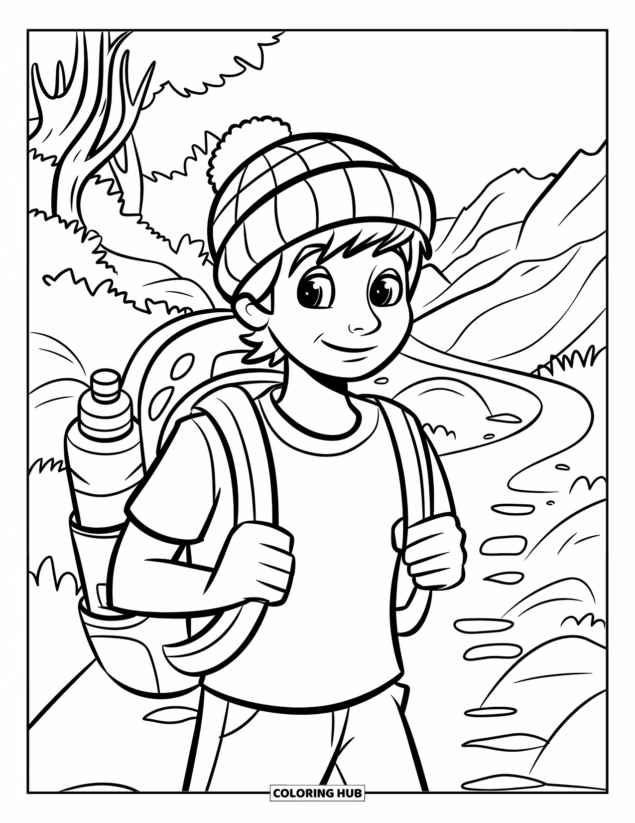 Teen Boy Coloring Page for Kids: A hiker walks a forested trail lined with rocks and green trees