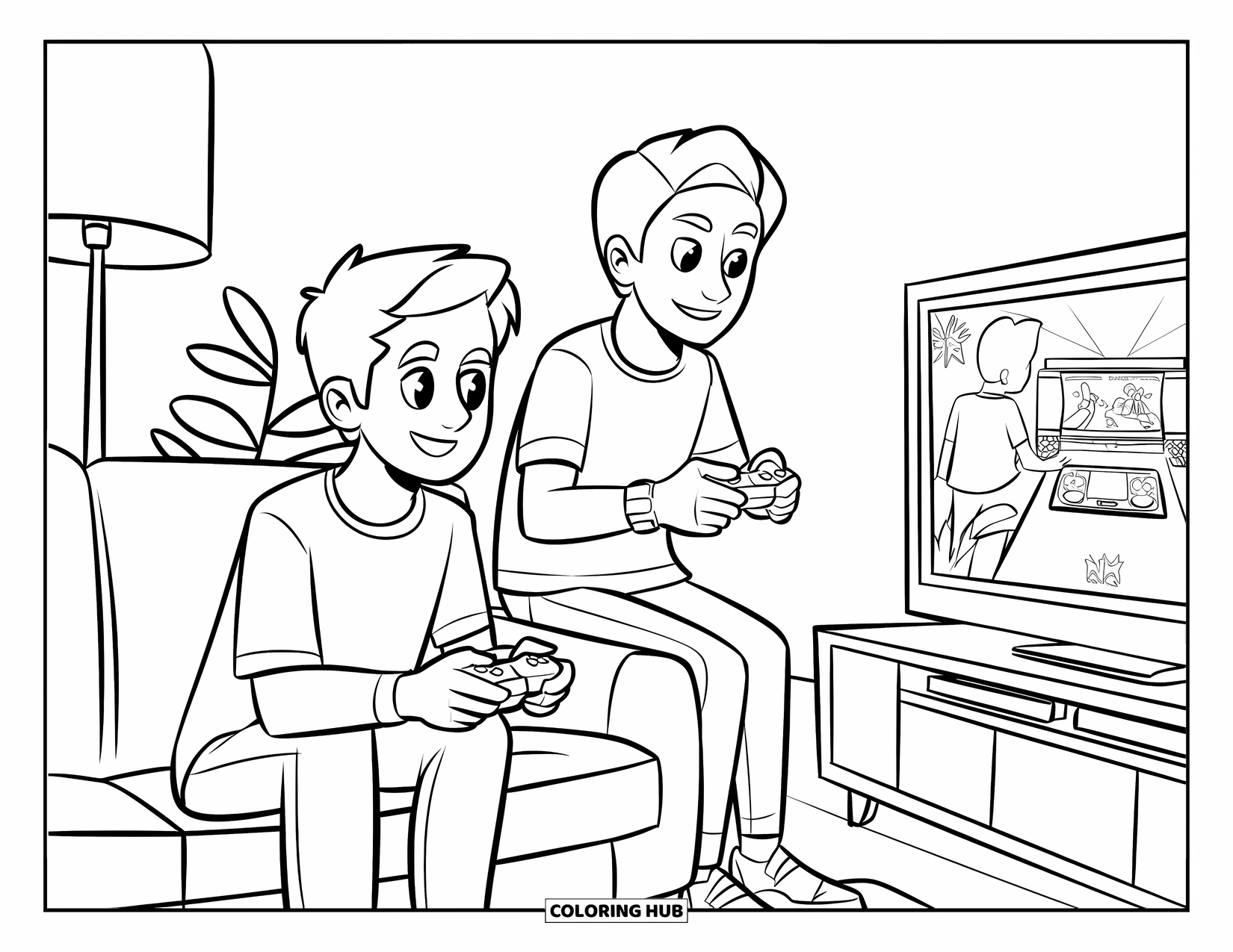 Teen Boy Coloring Page for Kids: A pair of boys play video games on a couch with a big screen
