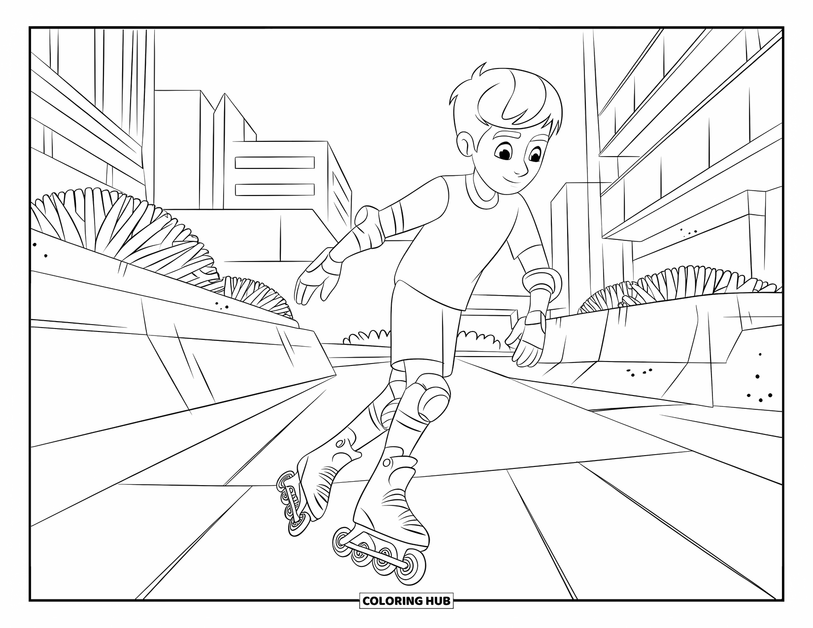 Teen Boy Coloring Page for Kids: A rollerblading boy glides along a wide path framed by modern buildings
