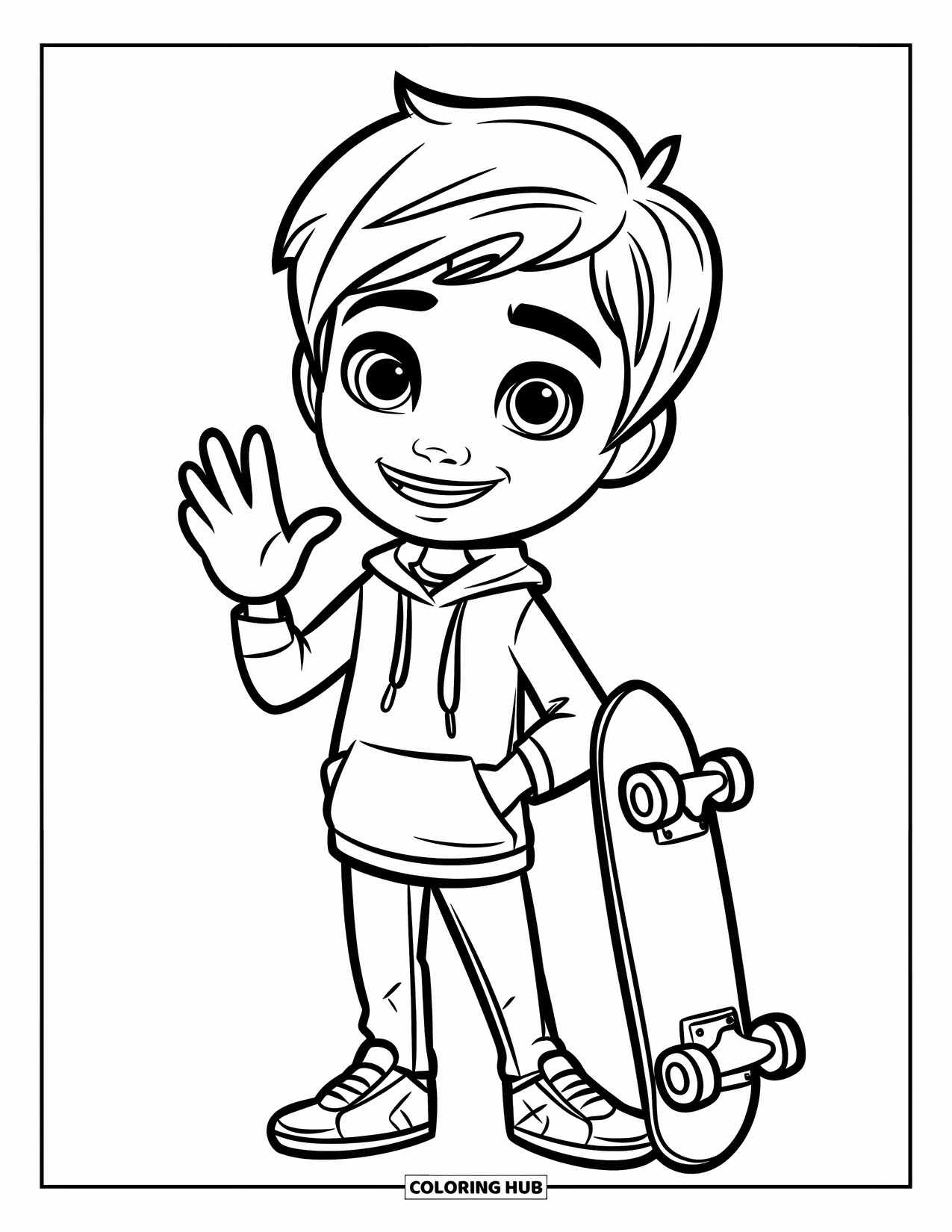 Teen Boy Coloring Page for Kids: A smiling teen waves while standing beside his skateboard