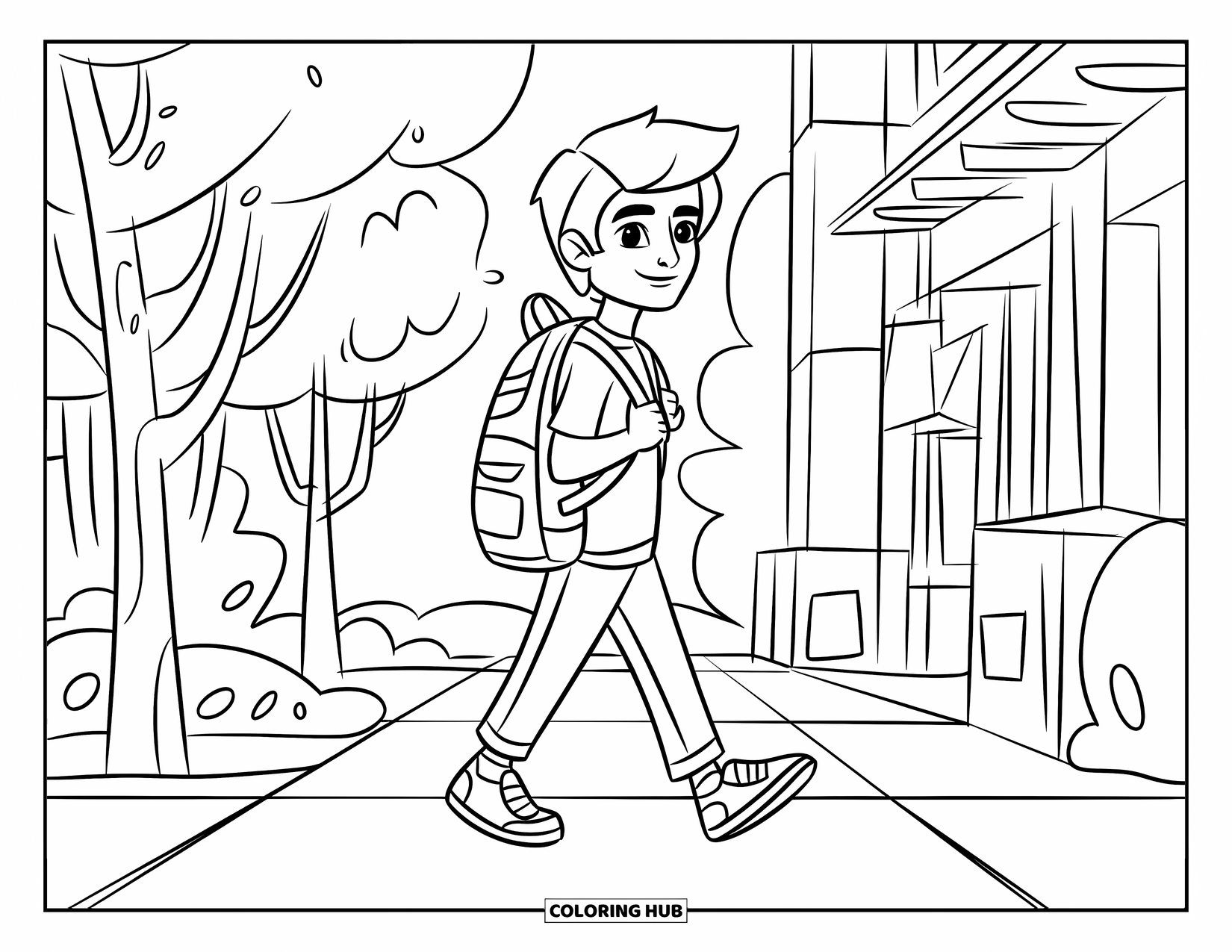 Teen Boy Coloring Page for Kids: A student walks on a path with his backpack and headphones