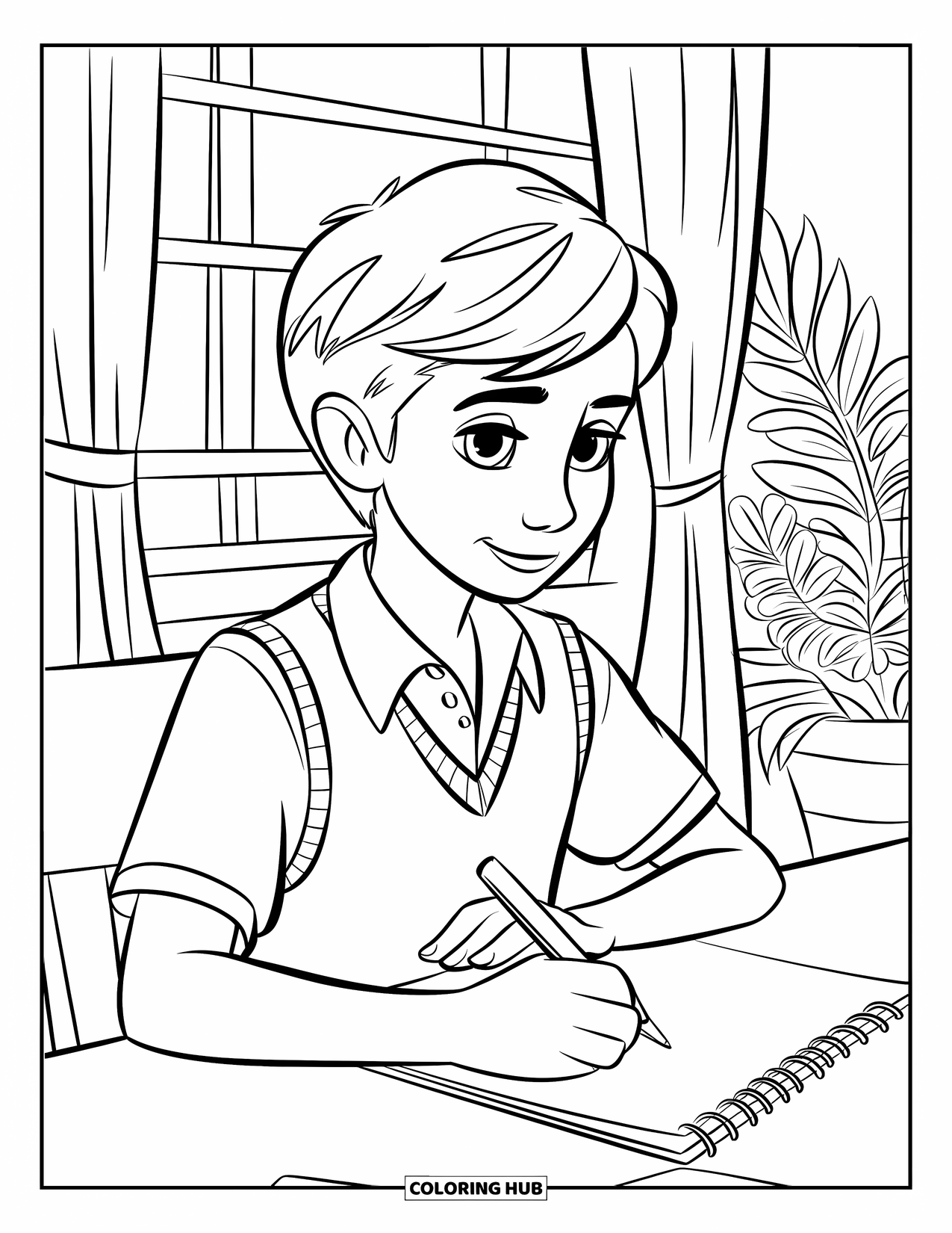 Teen Boy Coloring Page for Kids: A teen artist draws at his desk surrounded by pencils and books