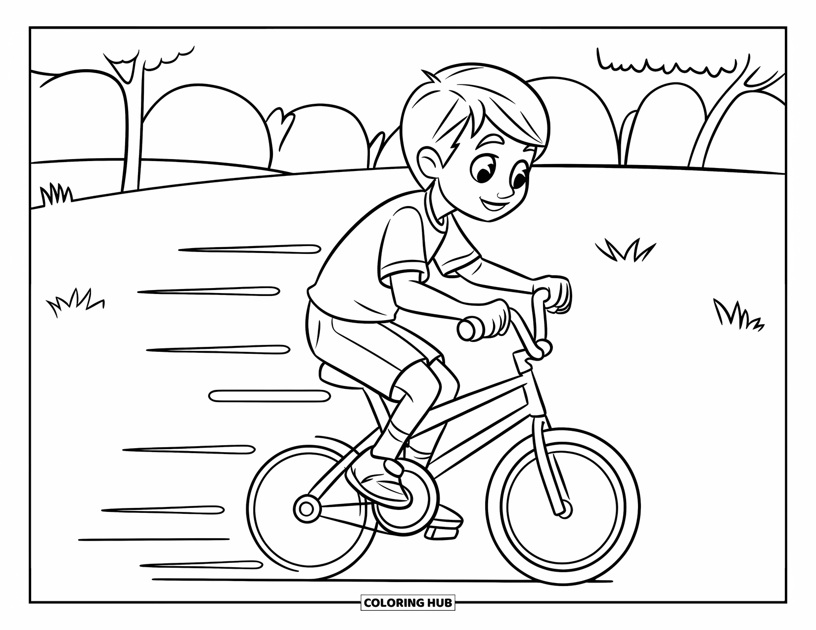 Teen Boy Coloring Page for Kids: A teen bikes through a grassy park with motion lines behind him