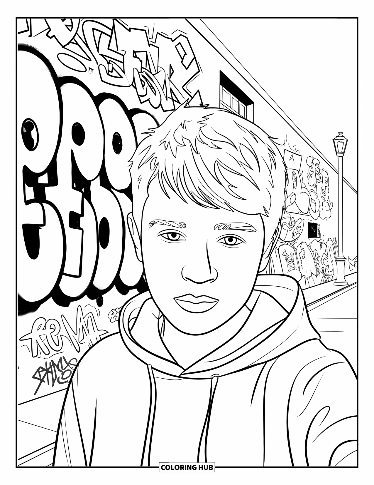 Teen Boy Coloring Page for Kids: A teen boy takes a selfie in front of a graffiti-covered wall