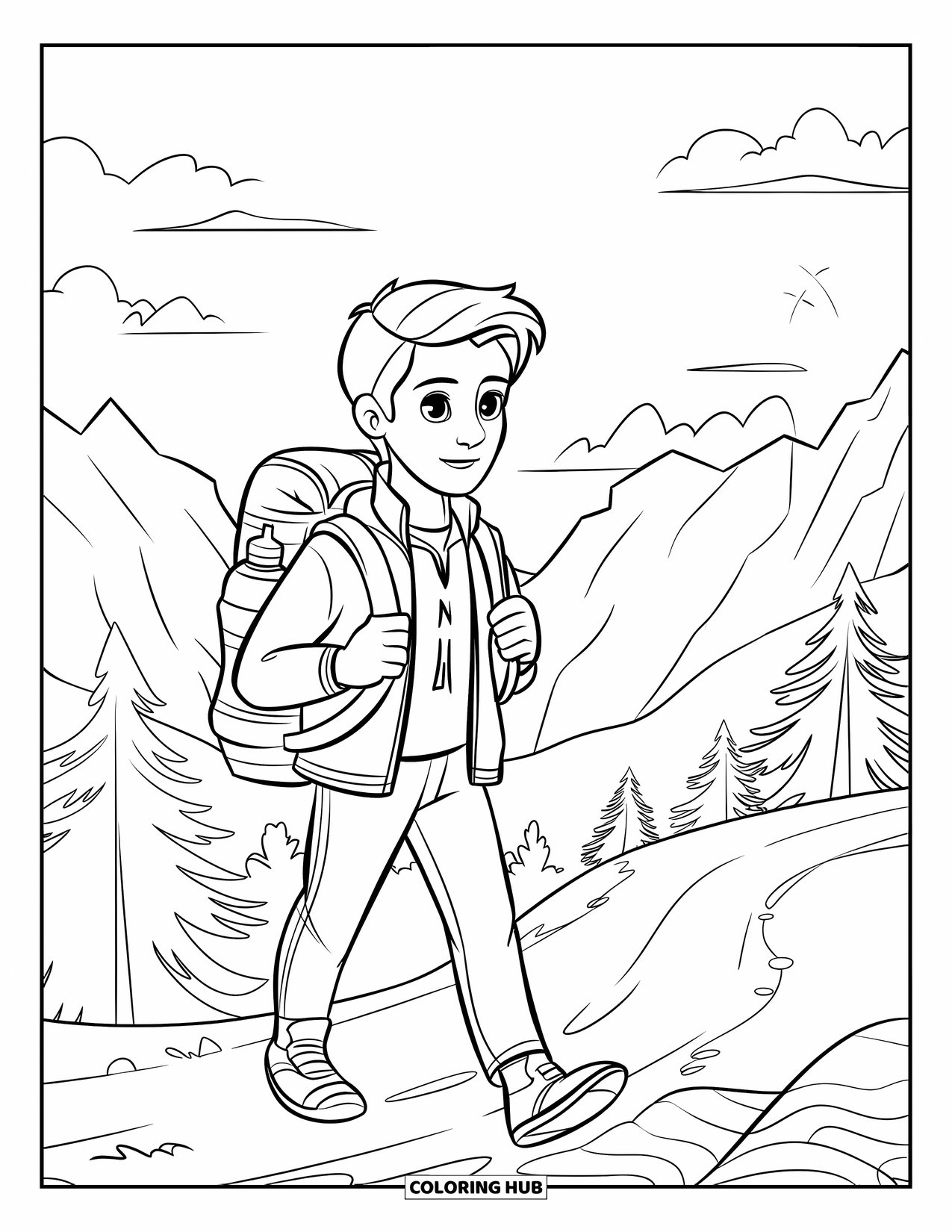 Teen Boy Coloring Page for Kids: A teen hikes a scenic mountain trail with trees and blue skies