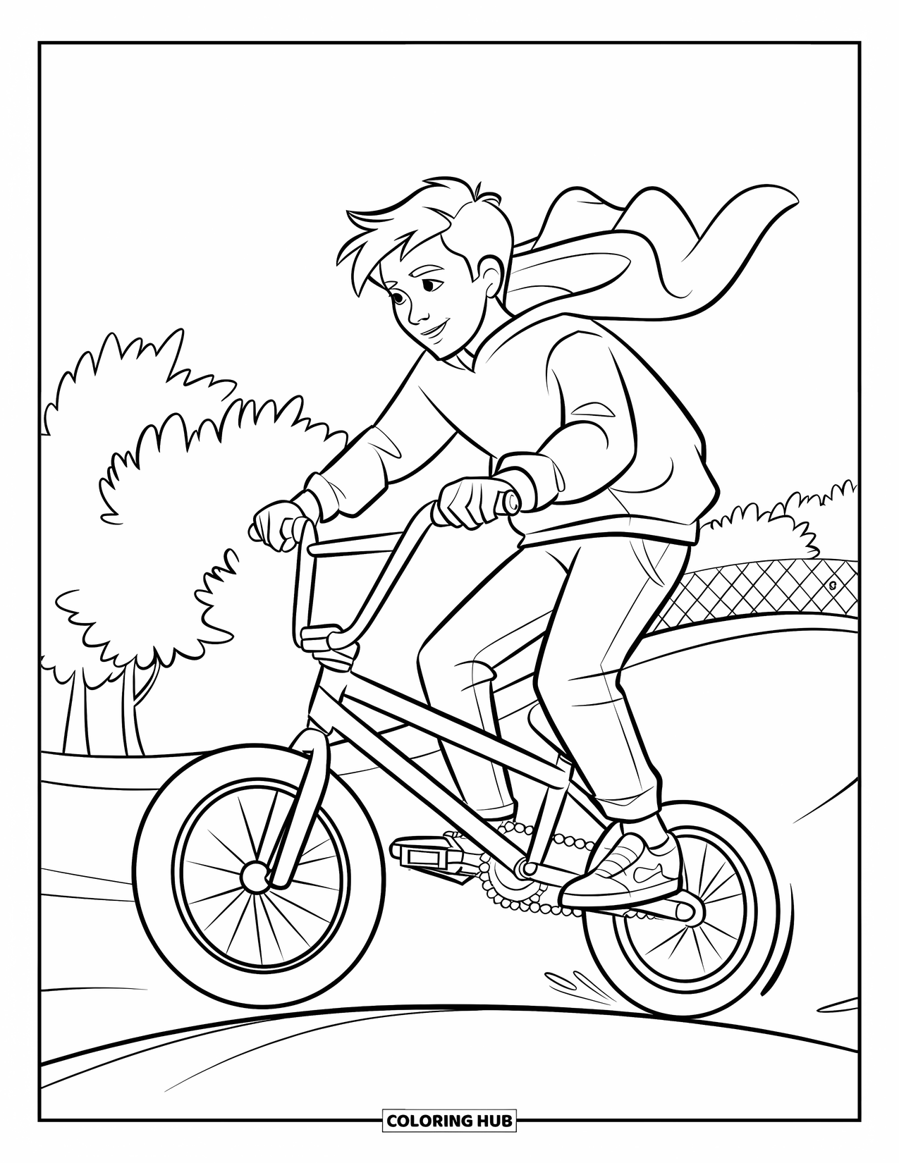 Teen Boy Coloring Page for Kids: A teen rides his BMX mid-air above ramps and a fence