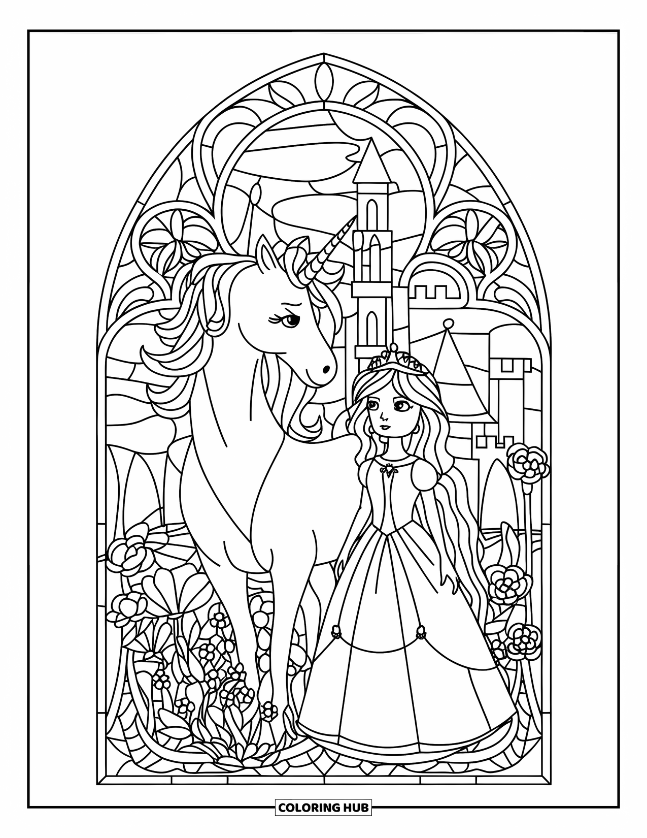 Unicorn And Princess Coloring Page for Adults: A princess and unicorn framed by castle towers and floral arches
