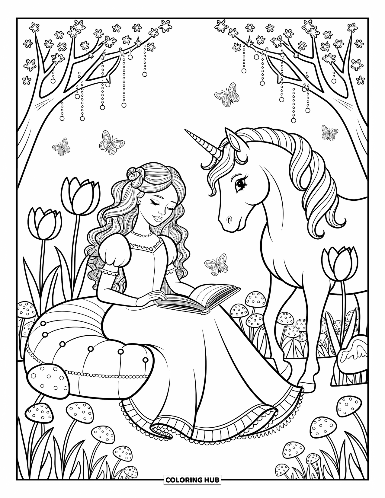 Unicorn And Princess Coloring Page for Adults: A princess and unicorn read together in a magical flower garden
