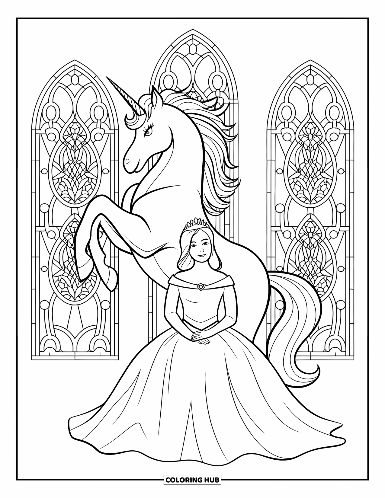 Unicorn And Princess Coloring Page for Adults: A princess sits calmly as her unicorn rises near castle glass windows