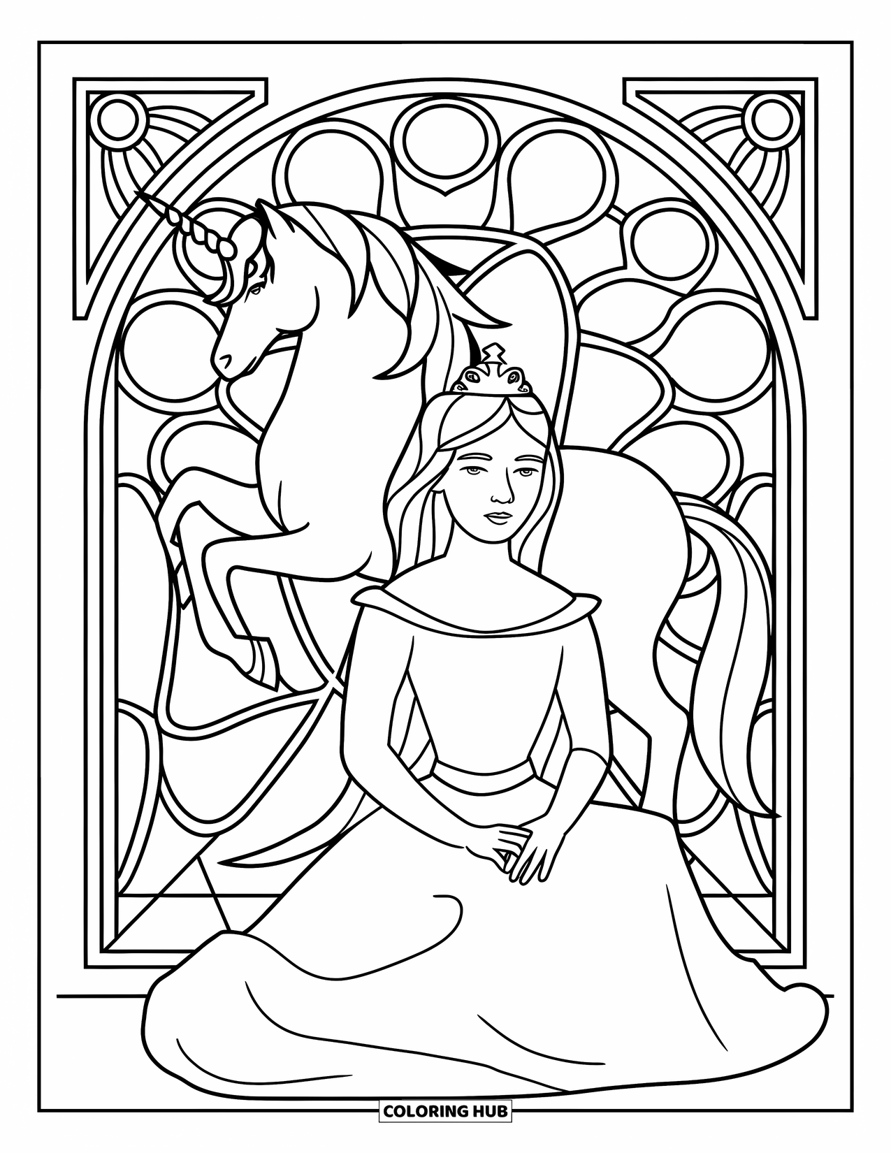 Unicorn And Princess Coloring Page for Adults: A regal unicorn stands tall behind a seated princess in a fantasy scene