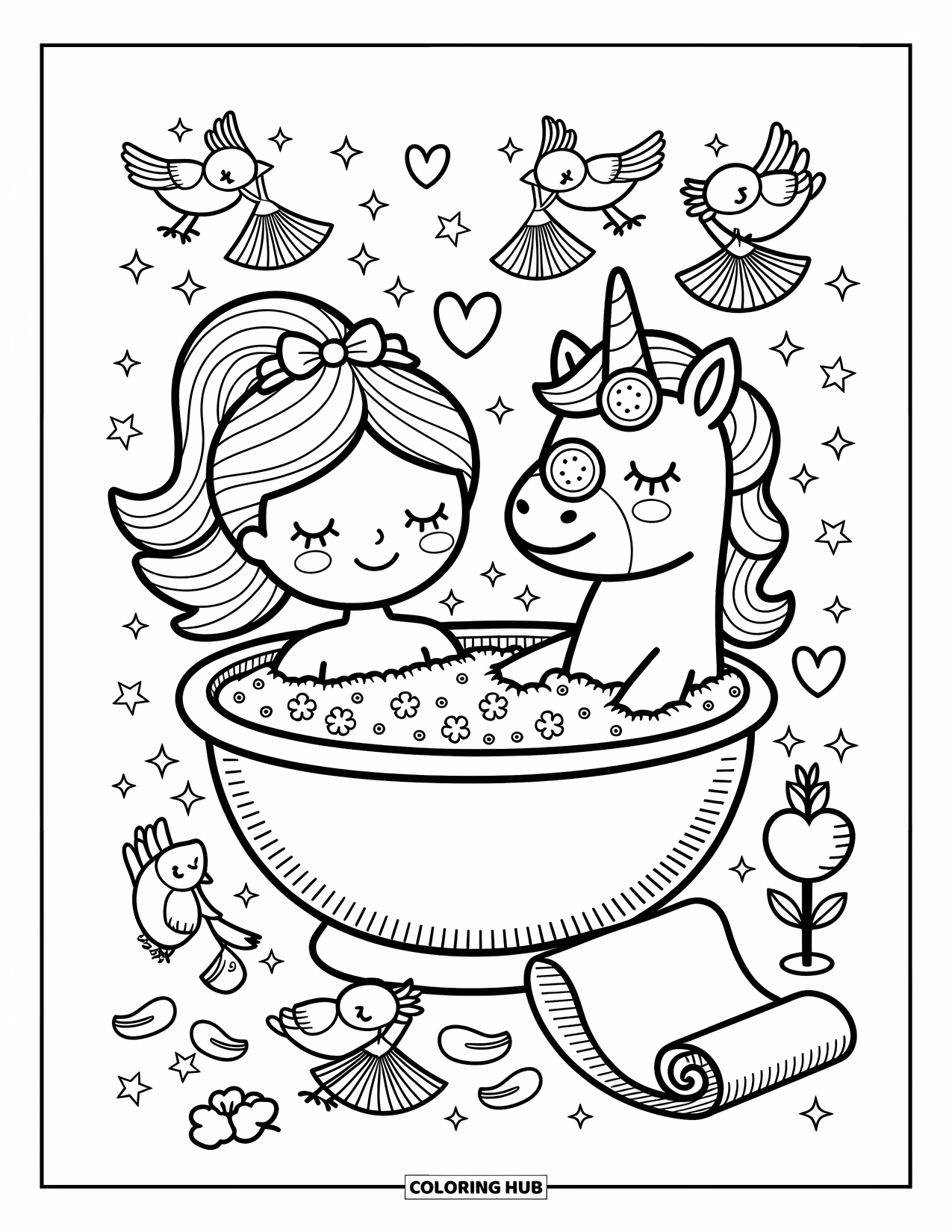 Unicorn And Princess Coloring Page for Adults: A spa day with a unicorn, birds, and squirrels lending a hand