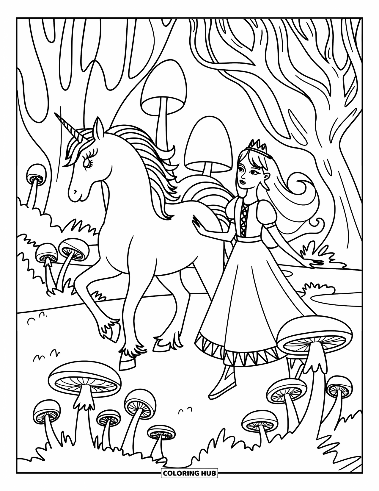 Unicorn And Princess Coloring Page for Kids: A dark-haired princess walks with her unicorn through the woods