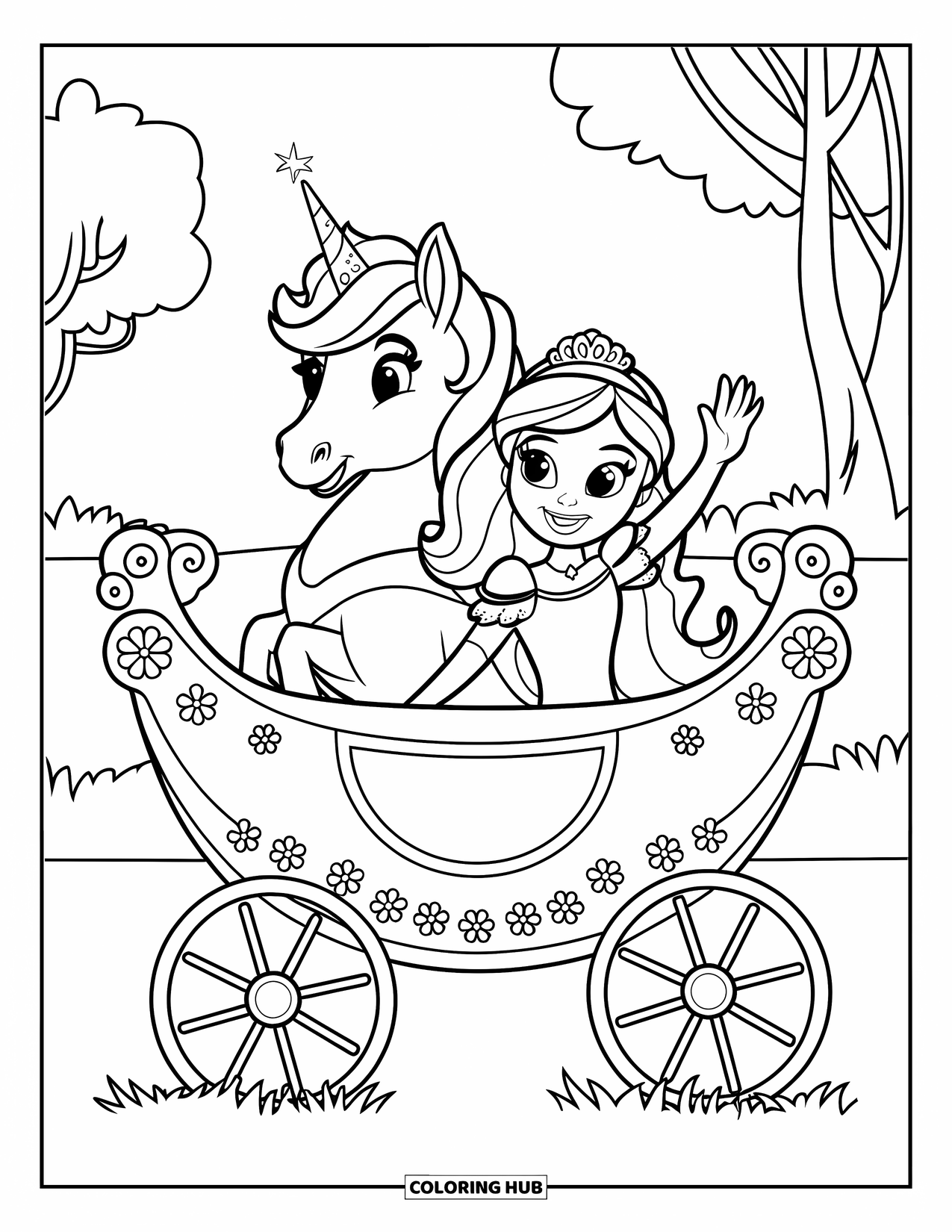 Unicorn And Princess Coloring Page for Kids: A royal pair smiles from their carriage among trees and fields