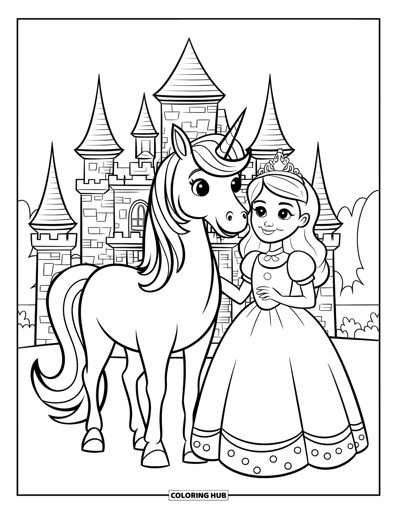 Unicorn And Princess Coloring Page for Kids: A unicorn and princess smile together outside a royal castle