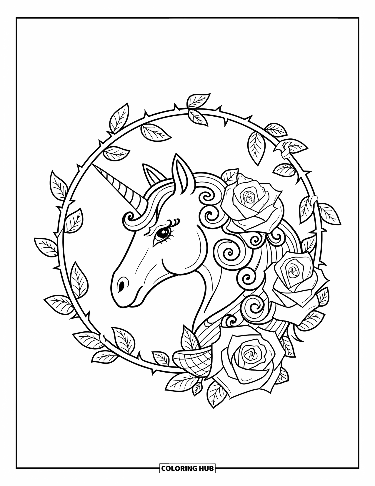 Unicorn Head Coloring Page for Adults: A botanical ring of roses and vines frames a unicorn's gentle profile