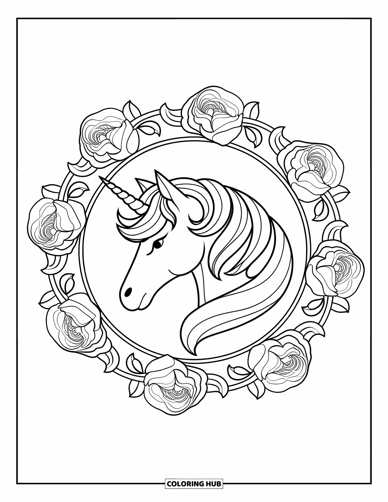 Unicorn Head Coloring Page for Adults: A unicorn rests inside a circular mandala filled with roses and vines