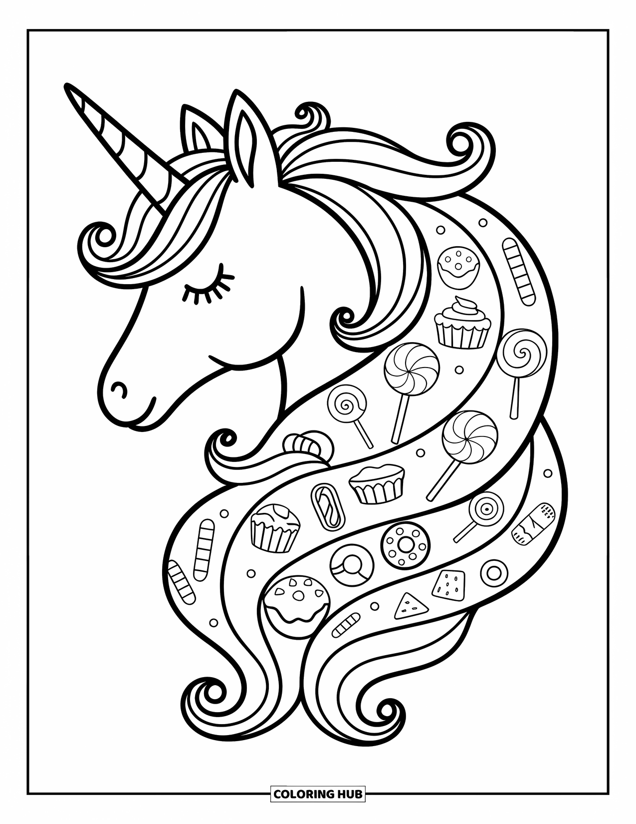 Unicorn Head Coloring Page for Adults: A unicorn's mane twirls with cupcakes and candy in a playful doodle style